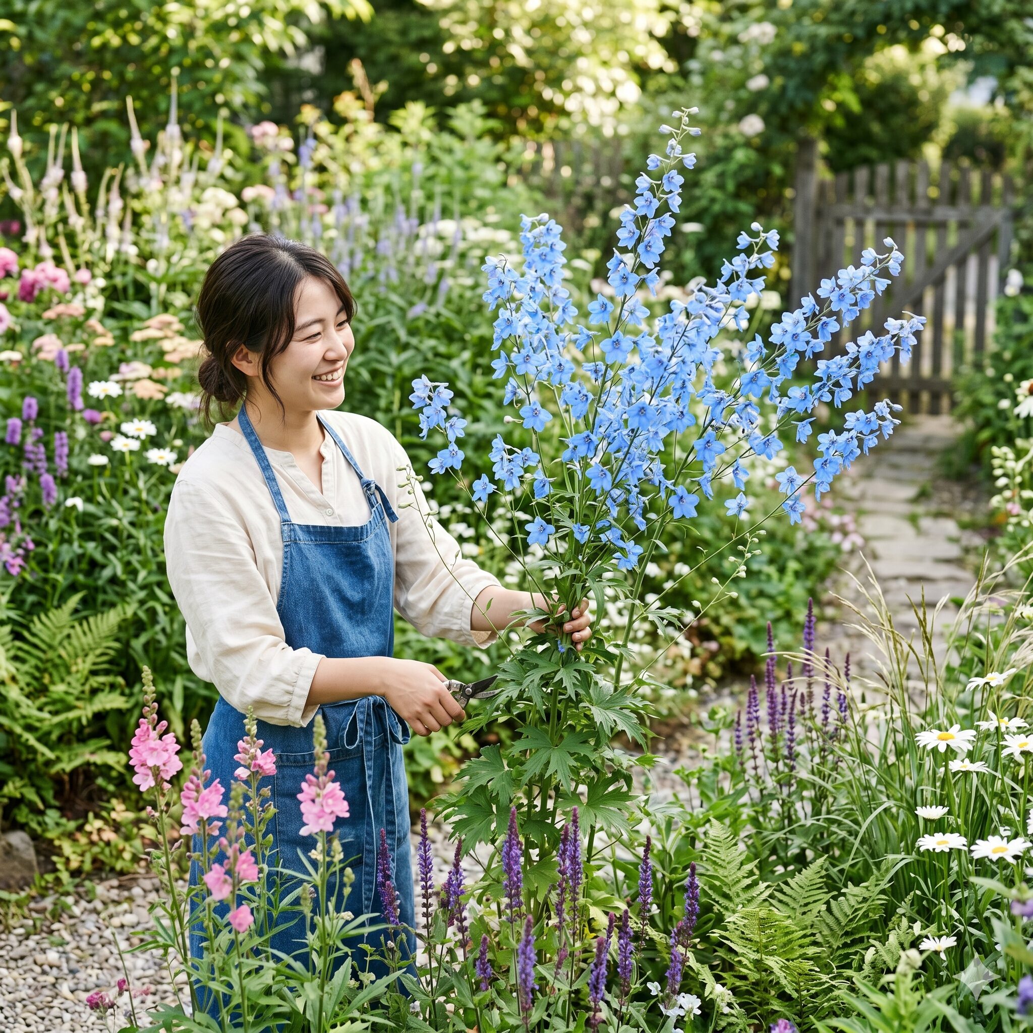 デルフィニウム 開花時期4　庭で他の草花と調和してスプレー状に軽やかに咲く、一重咲きのデルフィニウム・ベラドンナ系。