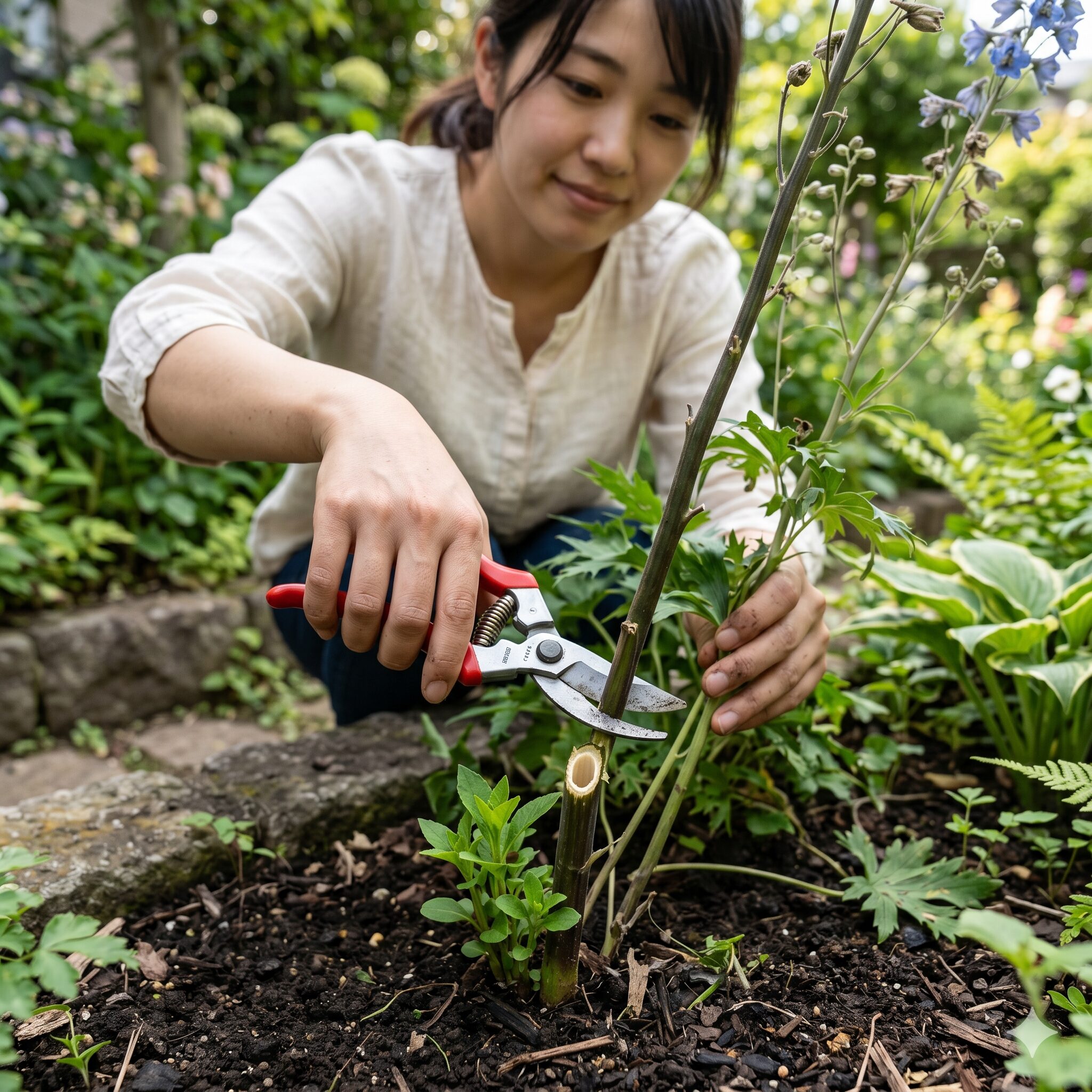 デルフィニウム 開花時期8　二番花を咲かせるため、デルフィニウムの茎を適切な位置で切り戻す剪定作業。