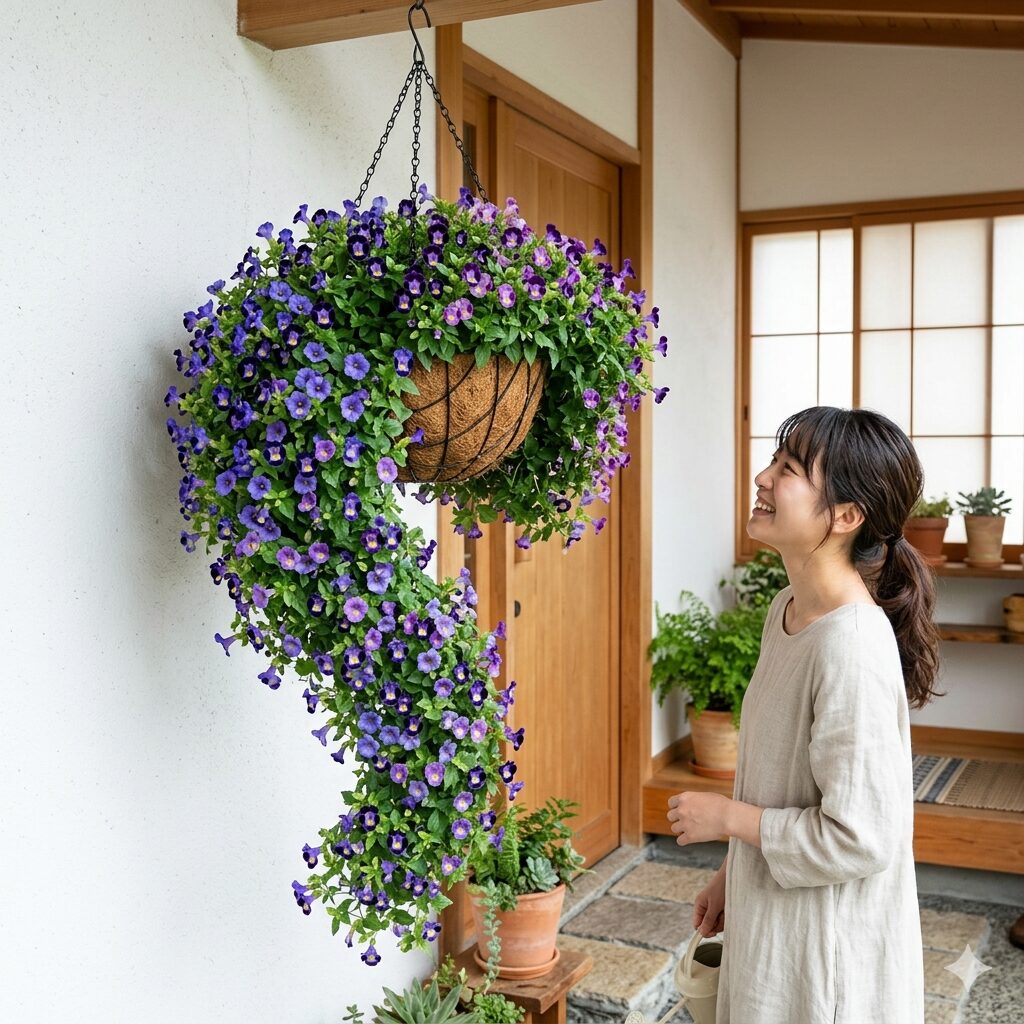 トレニア カタリーナ10　玄関先を彩るトレニア・カタリーナの溢れるようなハンギングバスケットの装飾例