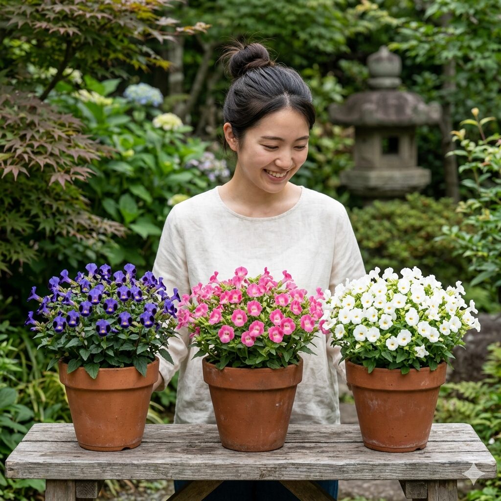 トレニア カタリーナ2　トレニア・カタリーナの主要品種であるブルーリバー、ピンクリバー、アイスリバーの比較画像