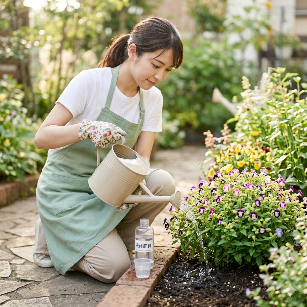 トレニア カタリーナ6　トレニア・カタリーナの開花を維持するために液体肥料で追肥を行う日本人女性