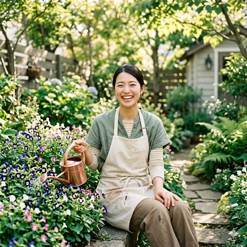 トレニア 種まき1　夏の庭で満開のトレニアに囲まれて微笑む女性。トレニアの種まきから育て方の成功イメージ。