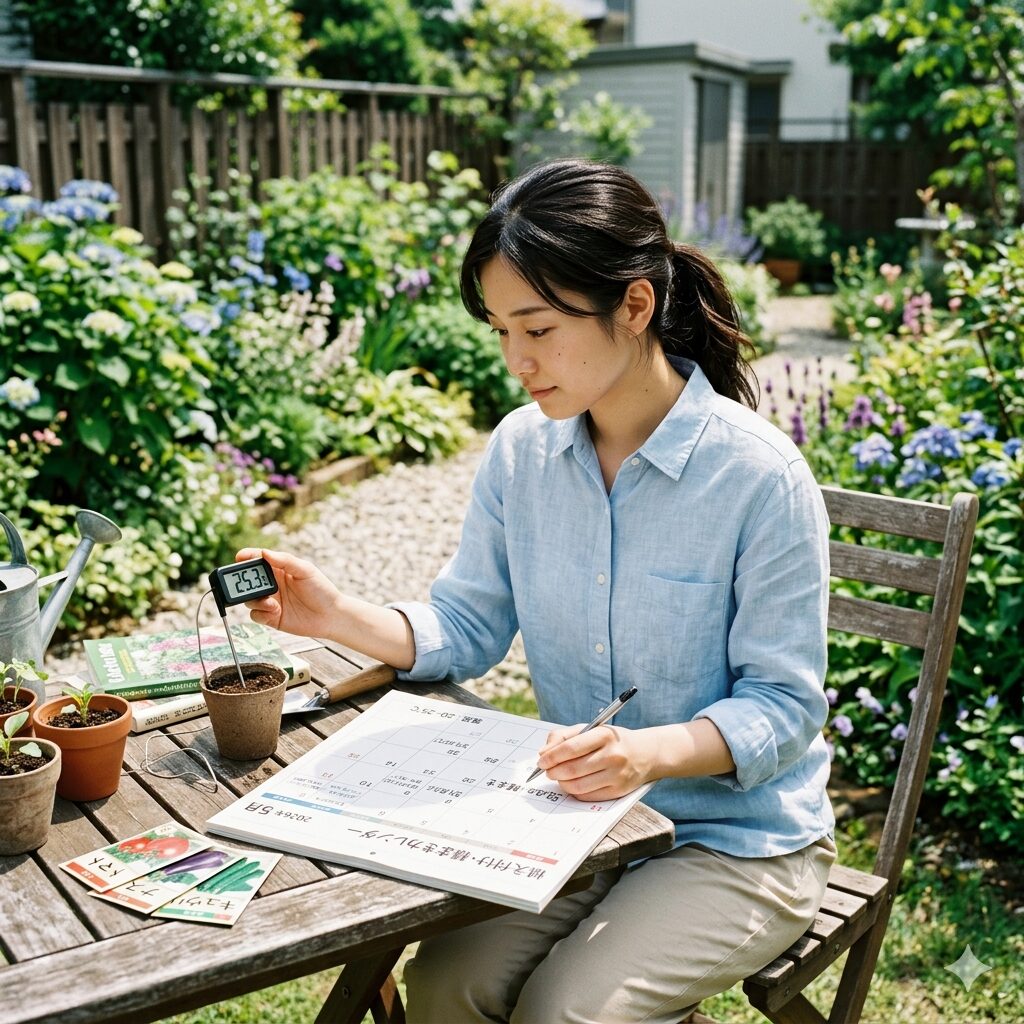 トレニア 種まき2　トレニアの種まき時期を確認するために温度計を見る女性。発芽適温20〜25度の目安。