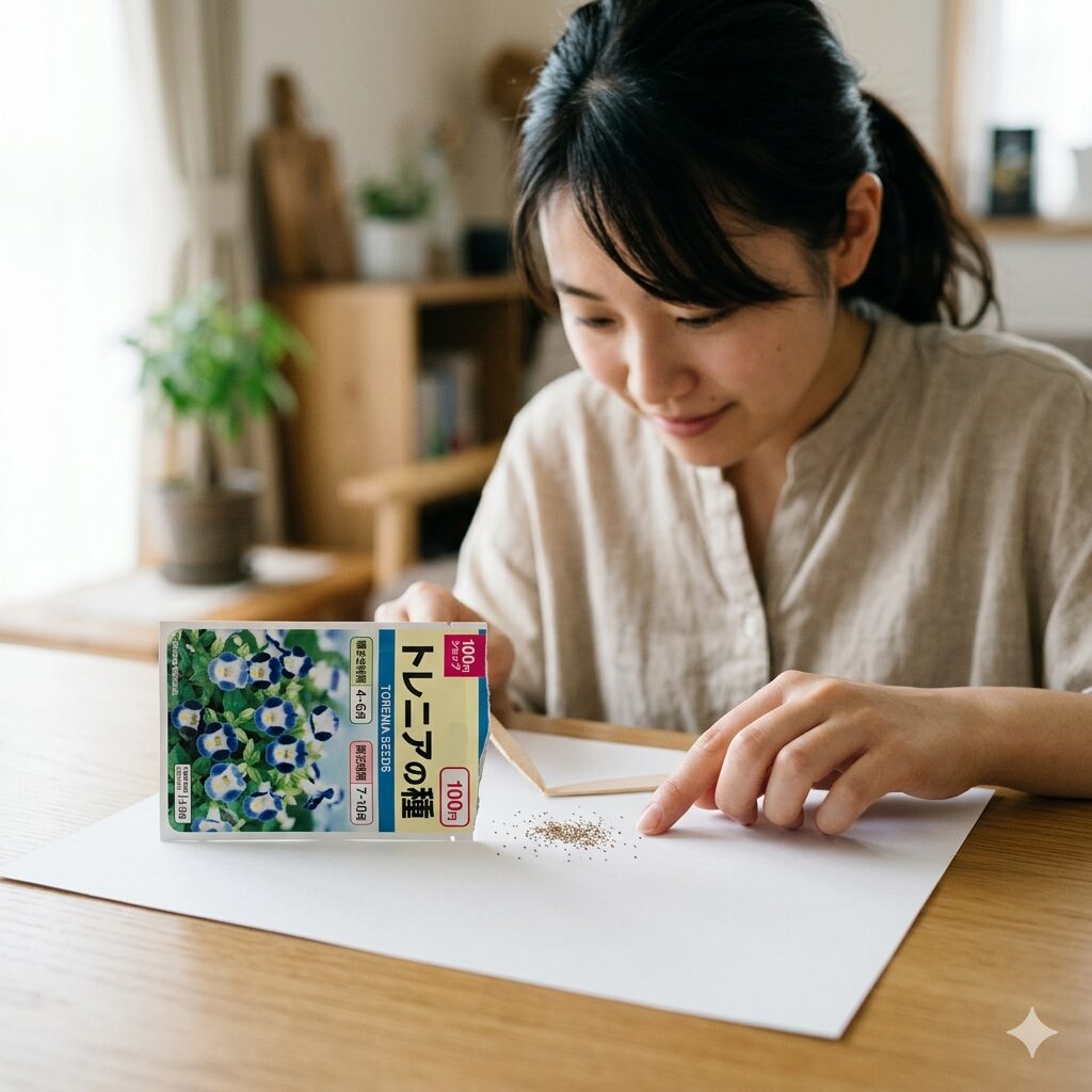 トレニア 種まき4　100均で購入したトレニアの種を白い紙に広げて確認する様子。微細な種の扱い方。