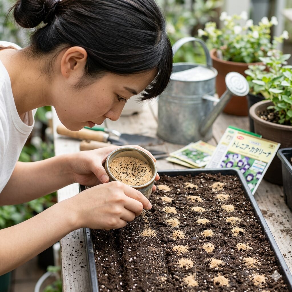 トレニア 種まき6　砂と種を混ぜてまく混砂播種のテクニック。トレニアを均一に発芽させるコツ。
