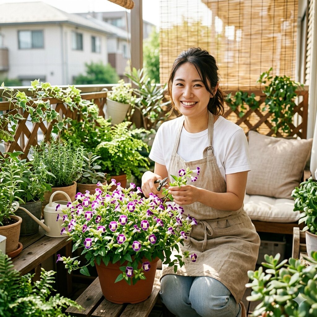 トレニア 花がら摘み やり方1　満開のトレニアの鉢植えと笑顔の日本人女性ガーデナー。夏のベランダでのガーデニング風景。