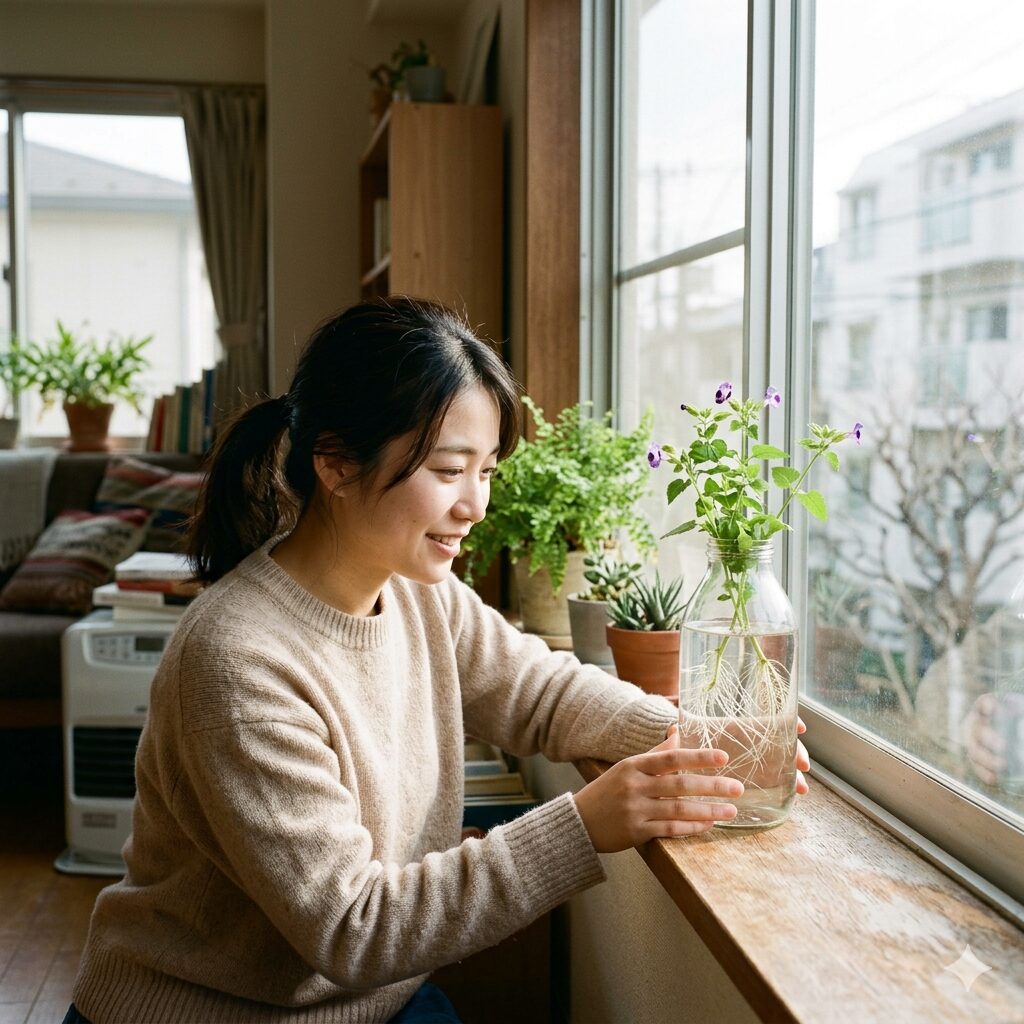 トレニア 花がら摘み やり方10　水挿しで発根したトレニアの挿し穂。冬越しのためのクローン増殖。