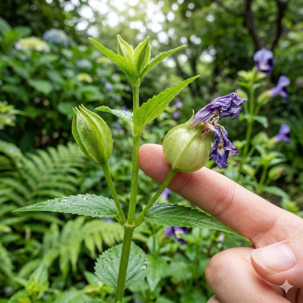 トレニア 花がら摘み やり方2　トレニアの蕾と、ガクが膨らんだ花がらの比較写真。見分け方の解説。