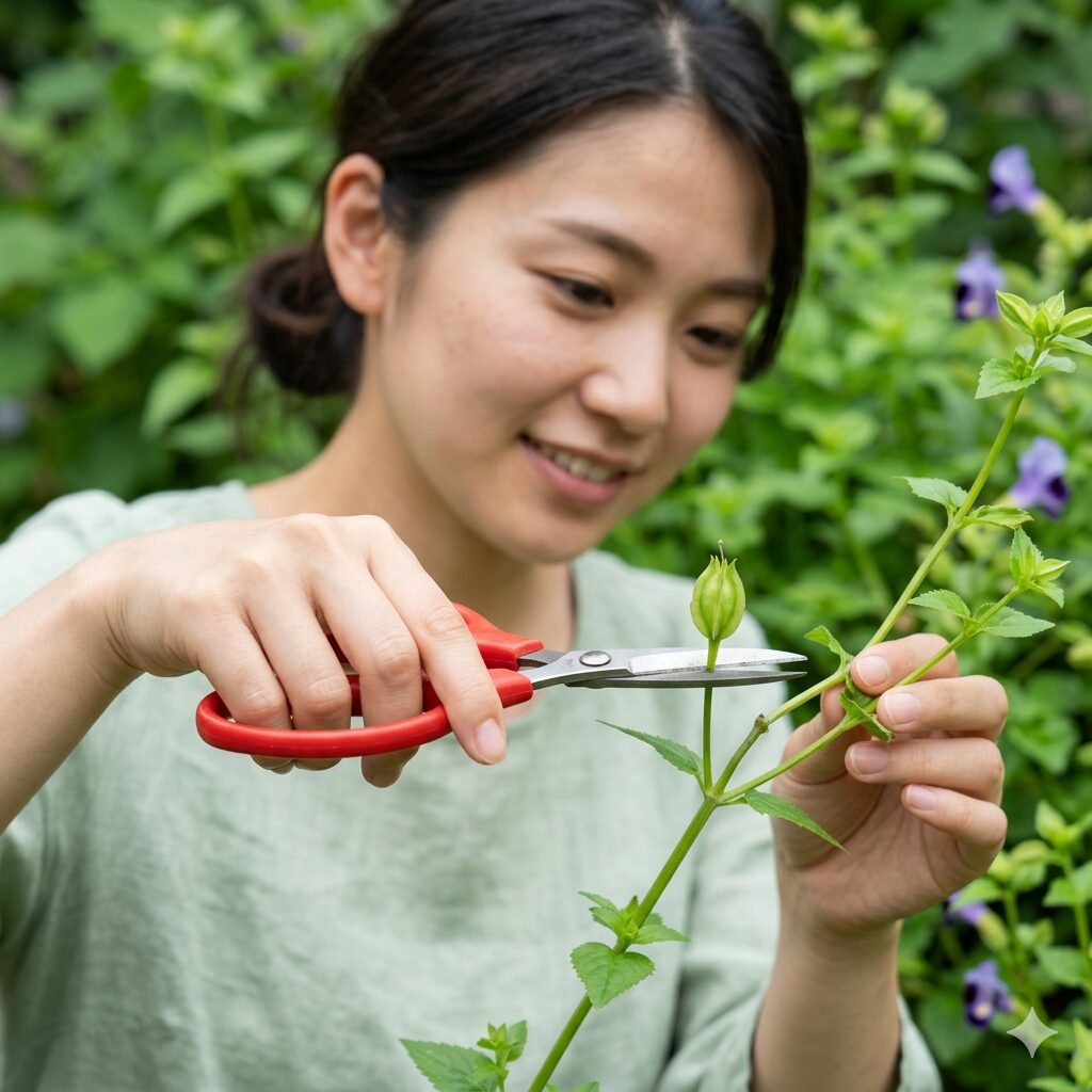 トレニア 花がら摘み やり方3　トレニアの花がらを茎の付け根からハサミで切り取る正しい位置の解説。
