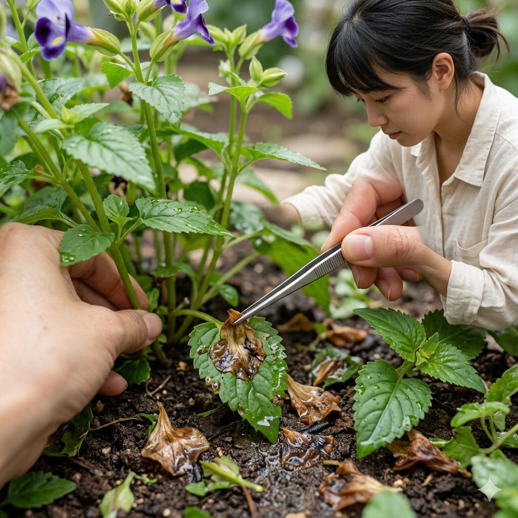 トレニア 花がら摘み やり方5　トレニアの株元に落ちた古い花がらを掃除する様子。灰色かび病の予防。