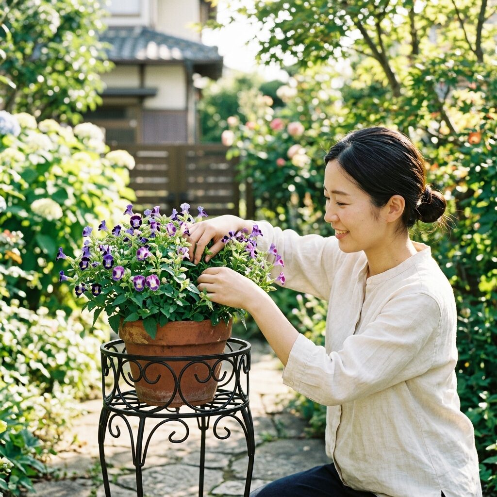 トレニア 花がら摘み やり方6　フラワースタンドで底上げされたトレニアの鉢。通気性を確保して蒸れを防ぐ管理。