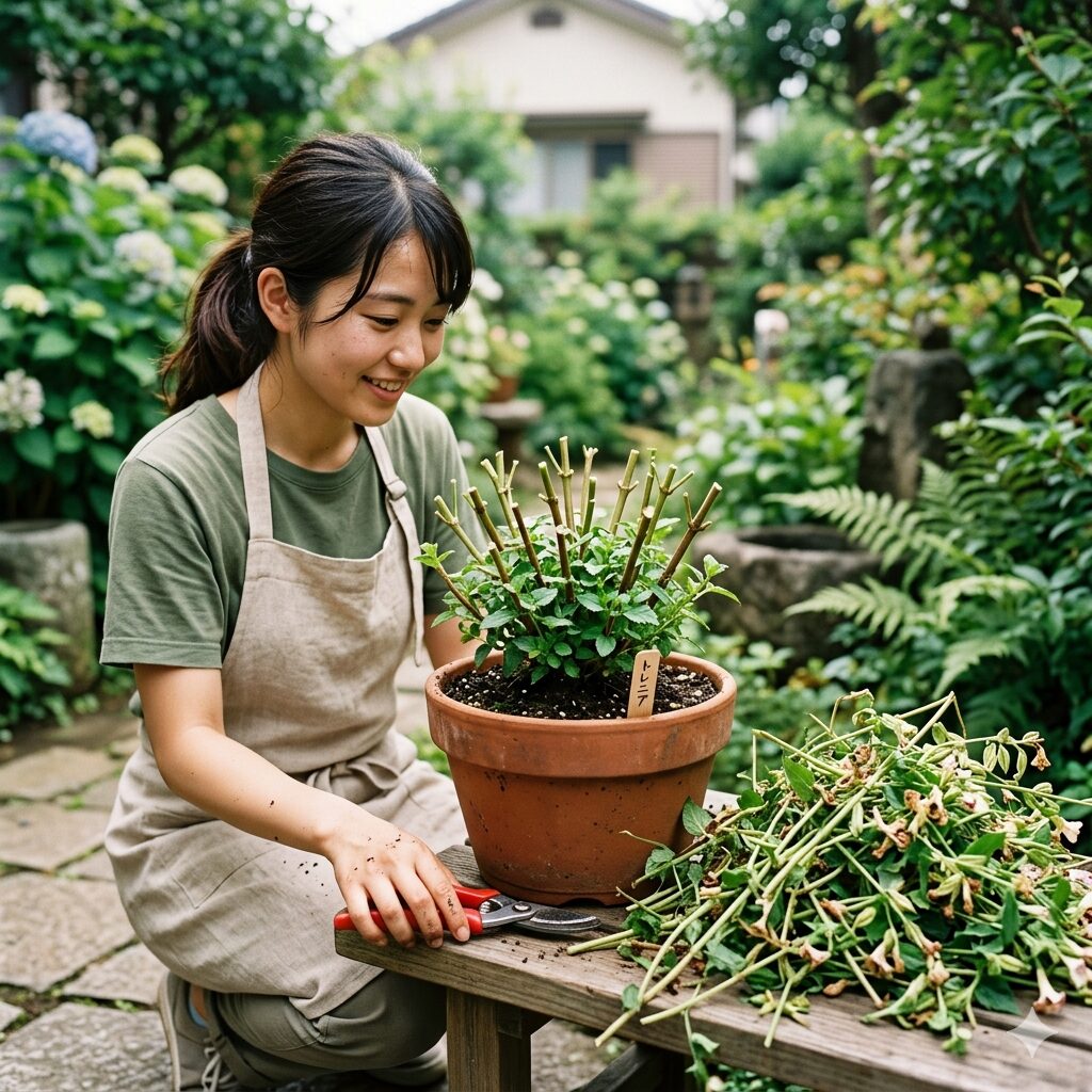 トレニア 花がら摘み やり方8　夏の終わりに切り戻しを行ったトレニアの株。秋の開花に向けたリフレッシュ。