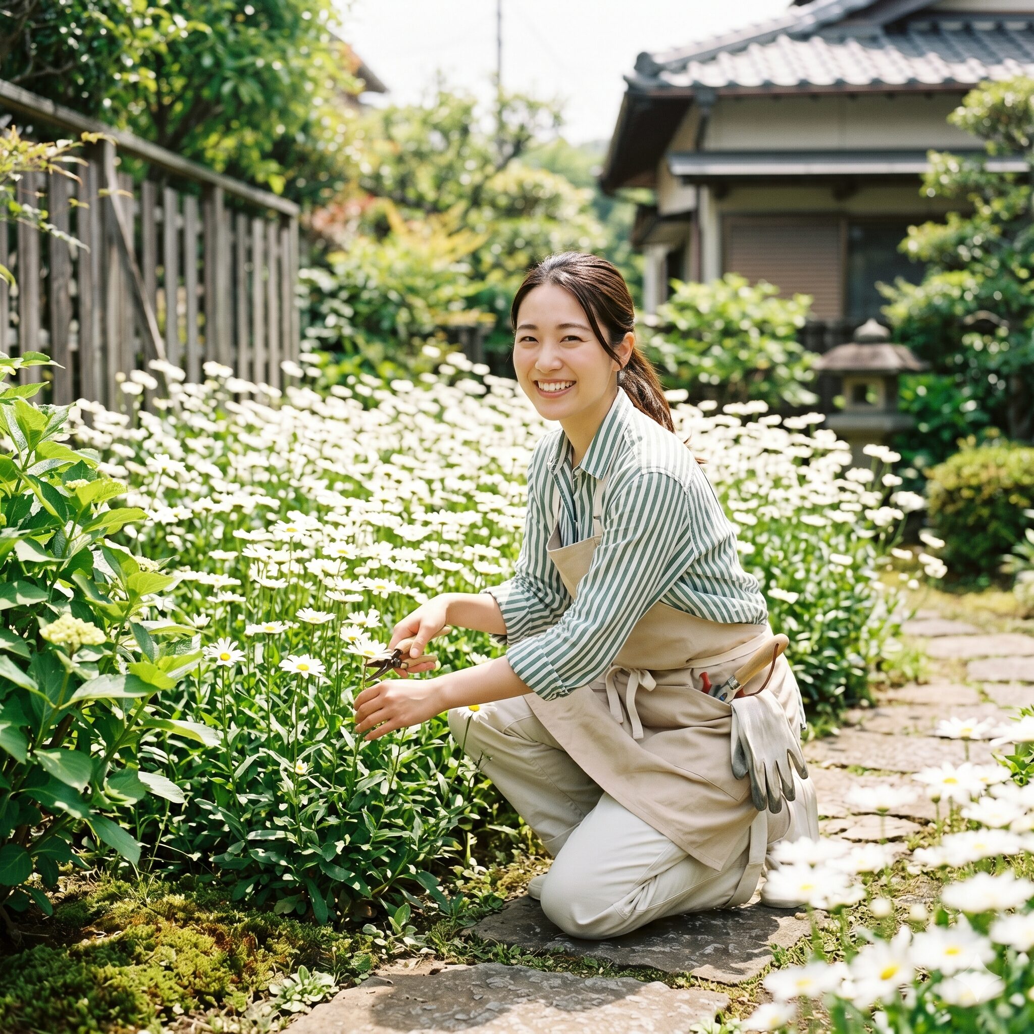 ノースポール 増えすぎ1　春の庭で満開のノースポールを笑顔で手入れする若い日本人女性。ガーデニングの楽しさを伝えるイメージ。