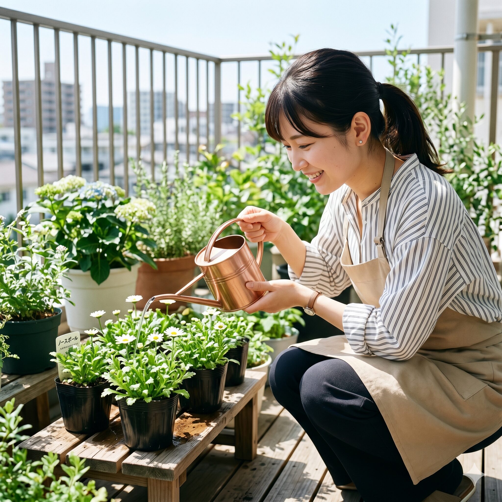 ノースポール 増えすぎ3　ノースポールの苗に優しく水やりをする若い日本人女性。初心者向けの正しい育て方のイメージ。