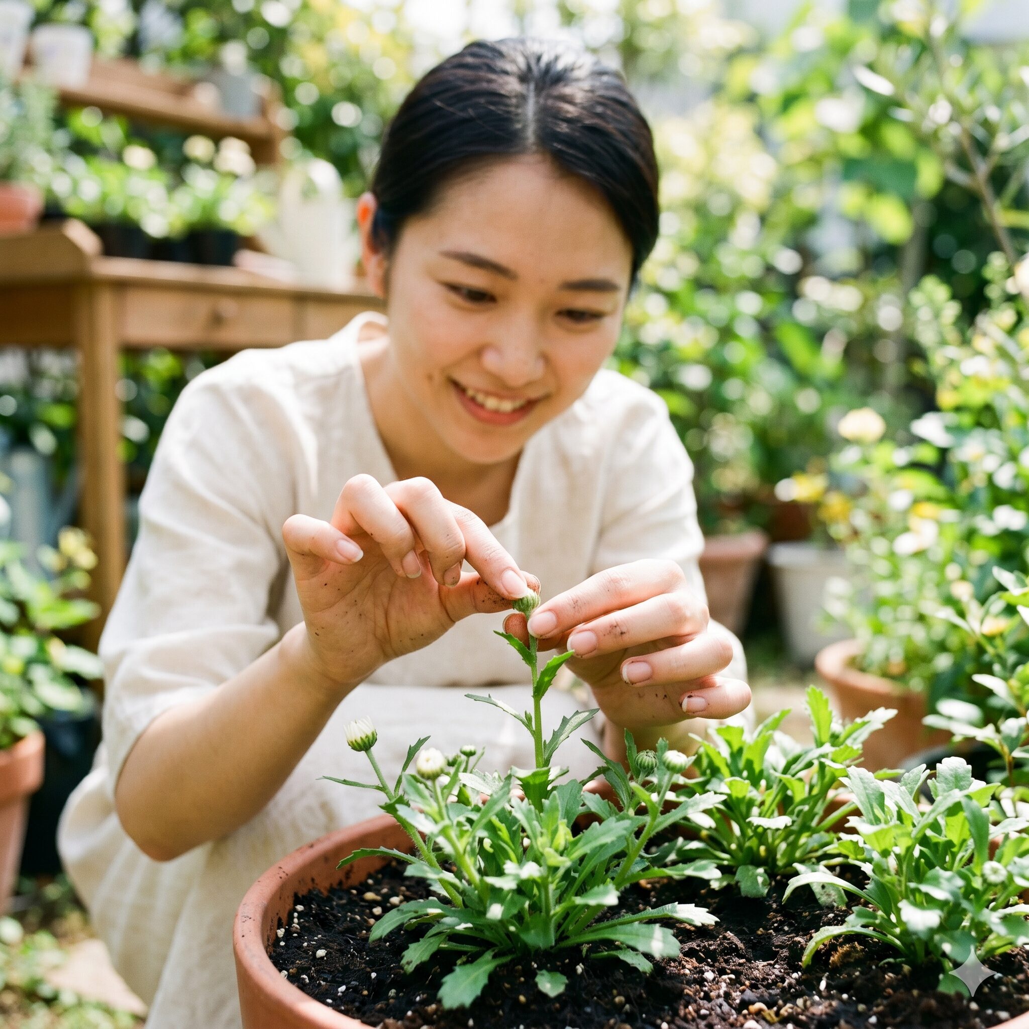 ノースポール 増えすぎ8　ノースポールの茎の先端を摘芯（ピンチ）する様子。株をこんもりと育てるためのテクニック。