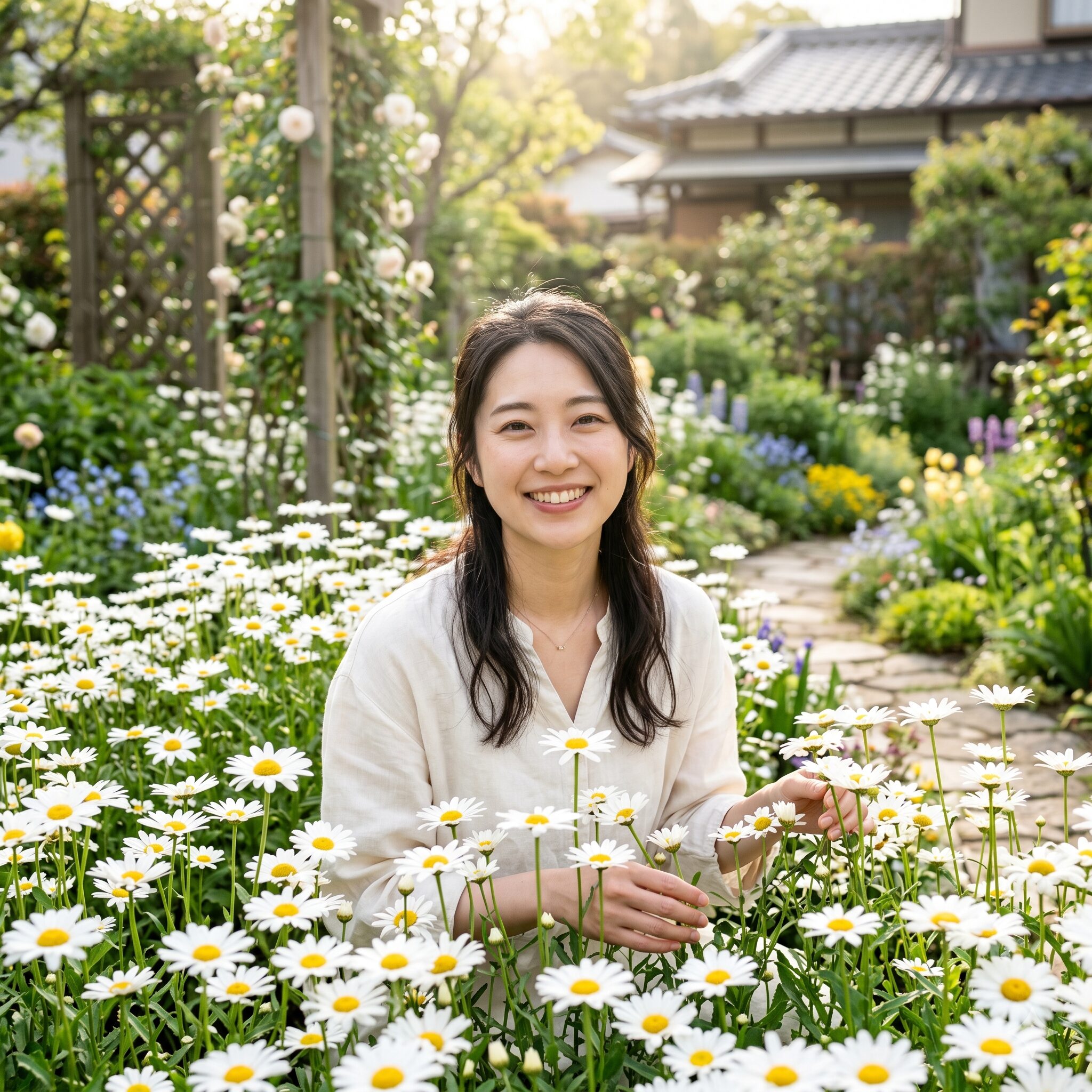 ノースポール 夏越し1　満開のノースポールの花に囲まれて笑顔を見せる、My Garden編集部の若い日本人女性スタッフの様子。