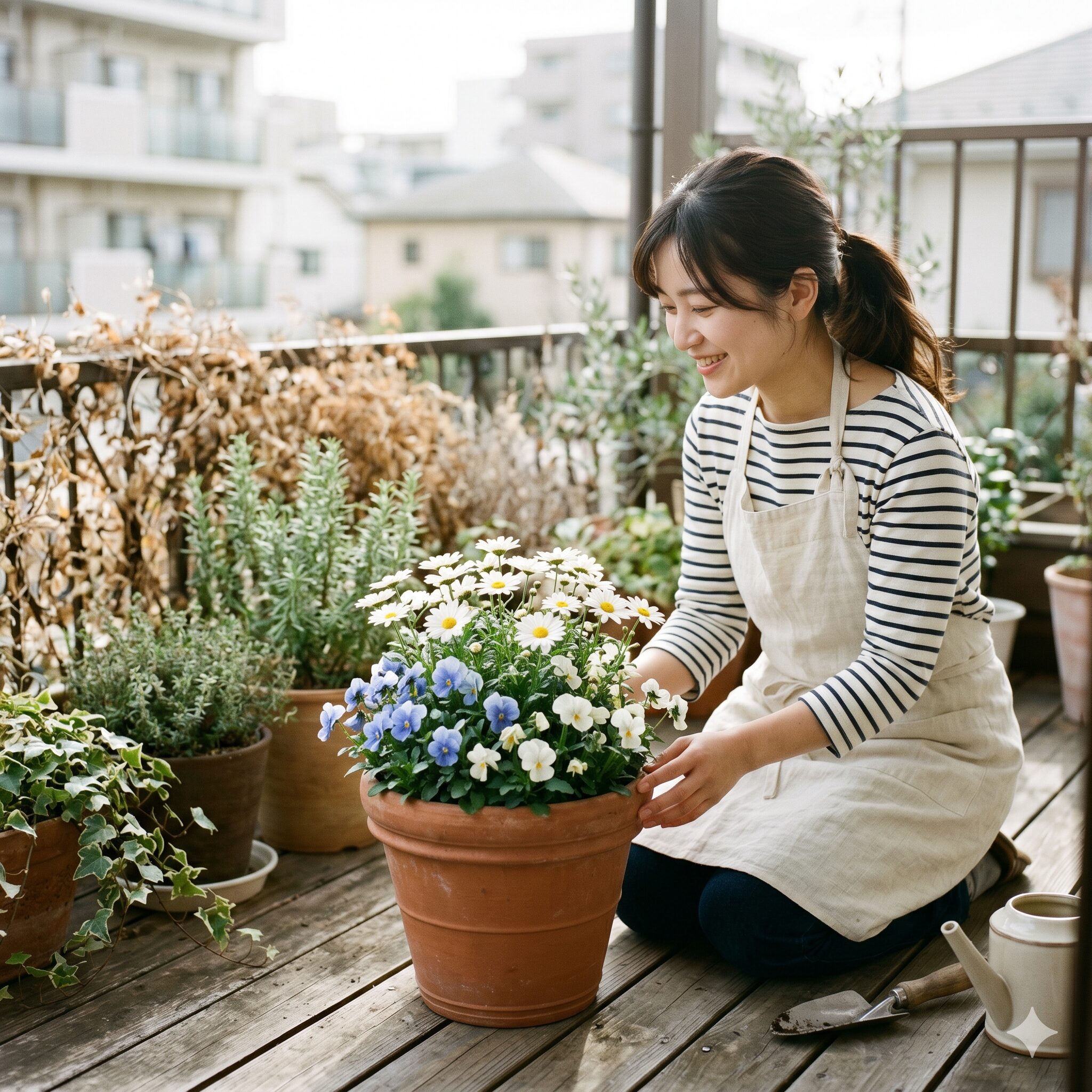 ノースポール 寄せ植え 相性1　冬のベランダでノースポールとビオラの寄せ植えを楽しむ日本人女性と完成した鉢の全景