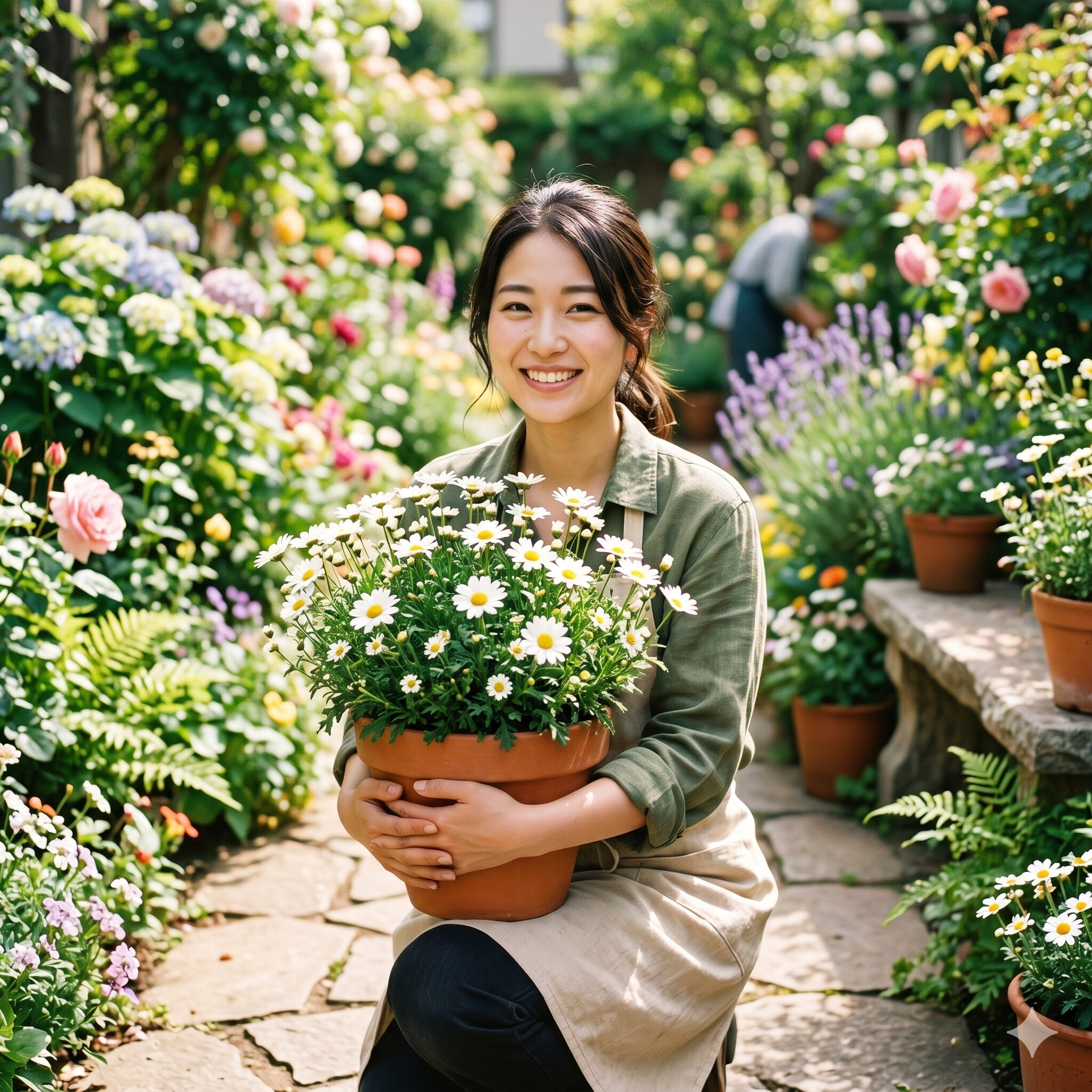ノースポール 寄せ植え 相性10　完成した寄せ植えを抱え、ガーデニングを楽しむ日本人女性の満足そうな笑顔