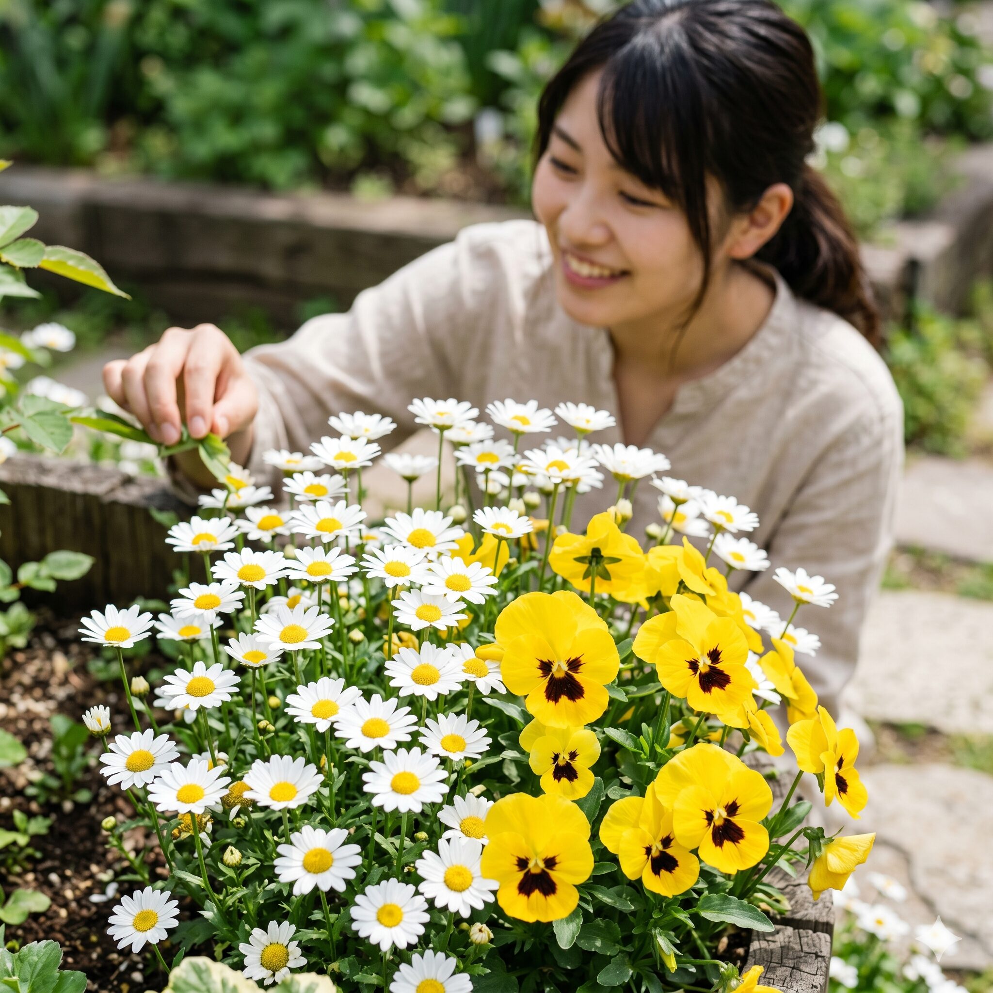 ノースポール 寄せ植え 相性2　相性が抜群に良いノースポールの白い花と黄色のパンジーのクローズアップ