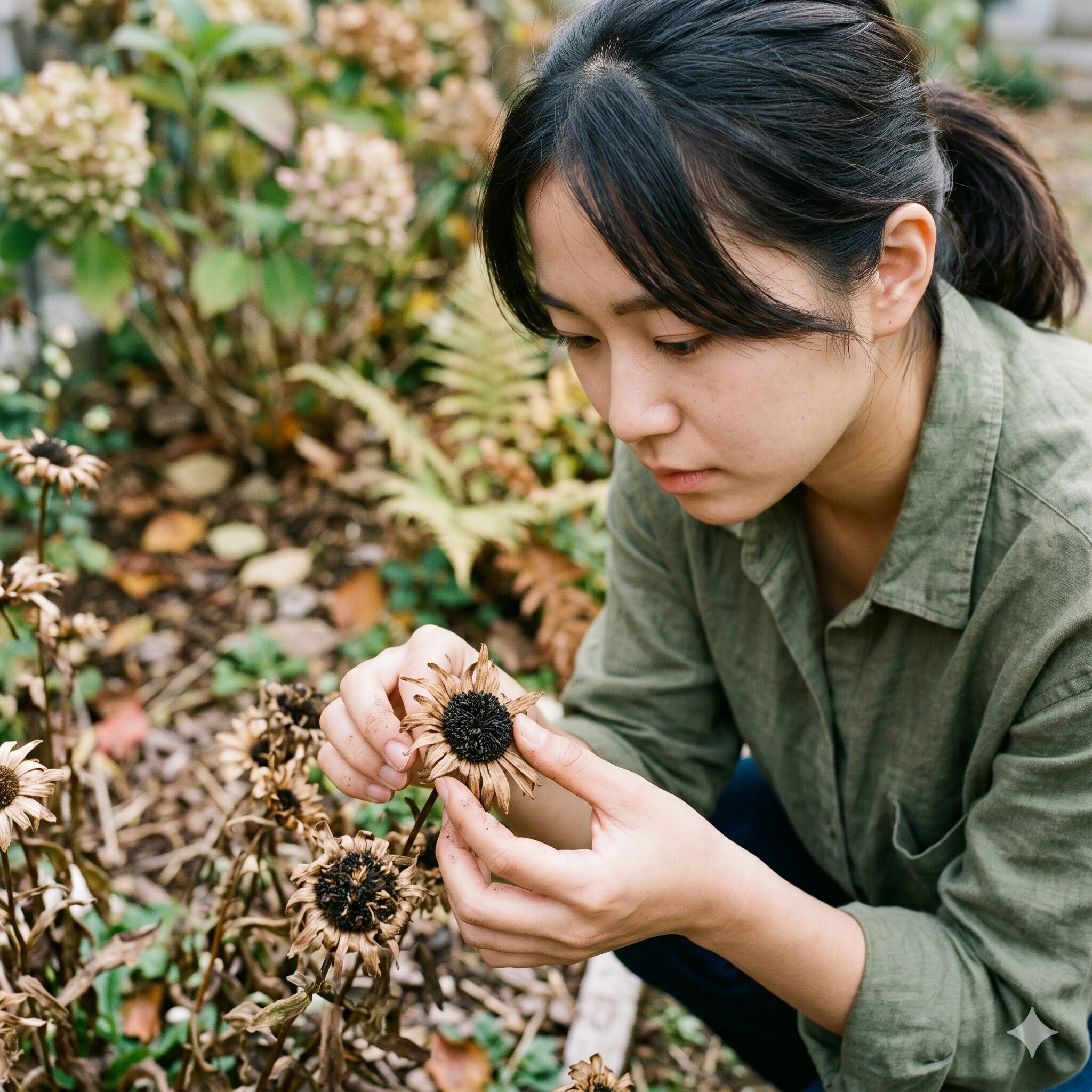 ノースポール 種取り2　ノースポールの種が熟して茶色く硬くなった花頭（登熟サイン）の確認