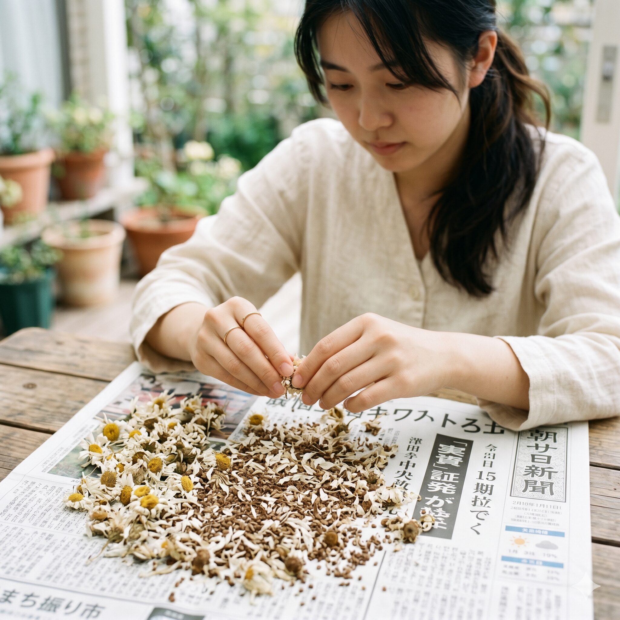 ノースポール 種取り4　新聞紙の上でノースポールの花頭からもみほぐして種を取り出すクリーニング作業