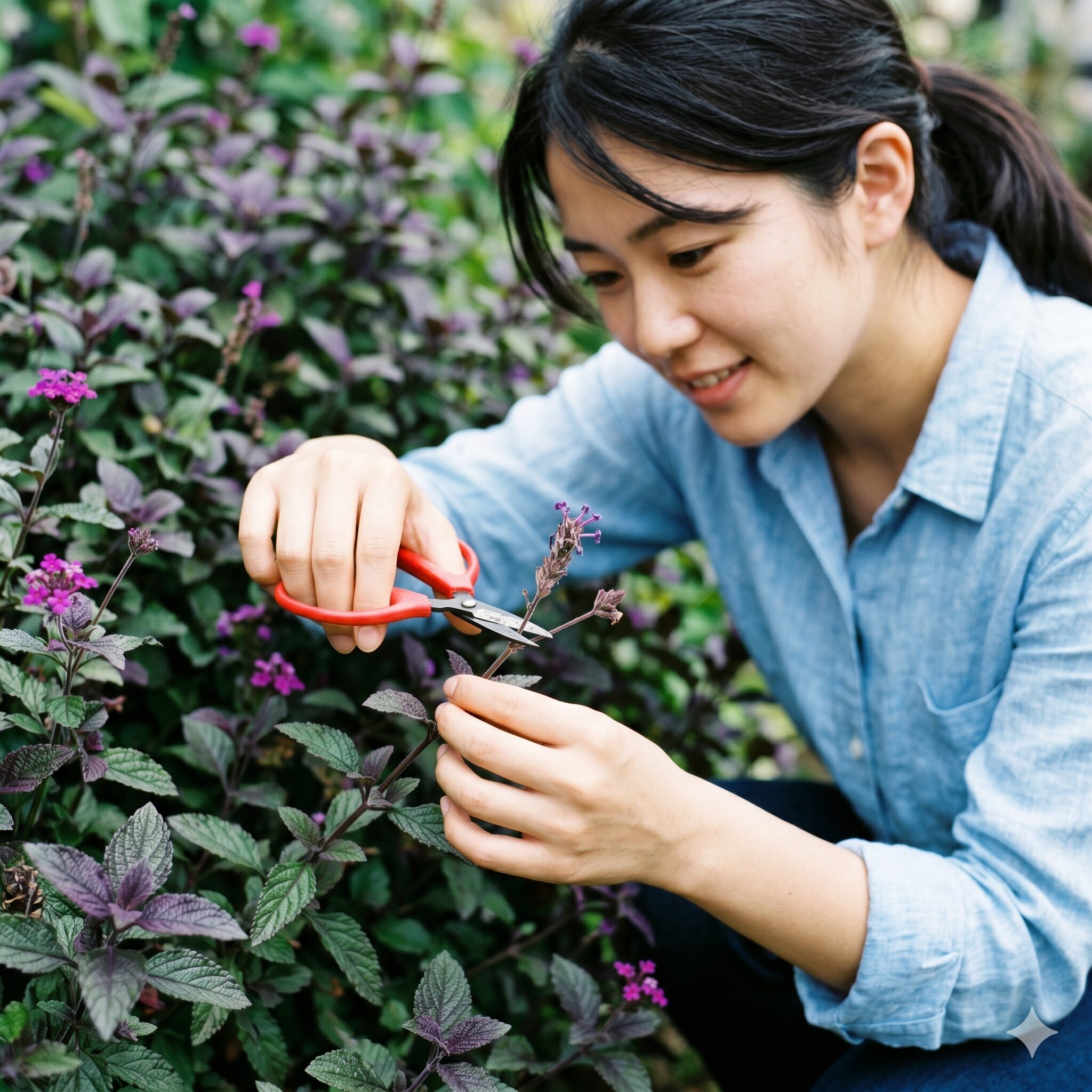 バーベナ バンプトン 育て方6　バーベナ・バンプトンの連続開花を促すための丁寧な花がら摘み作業。