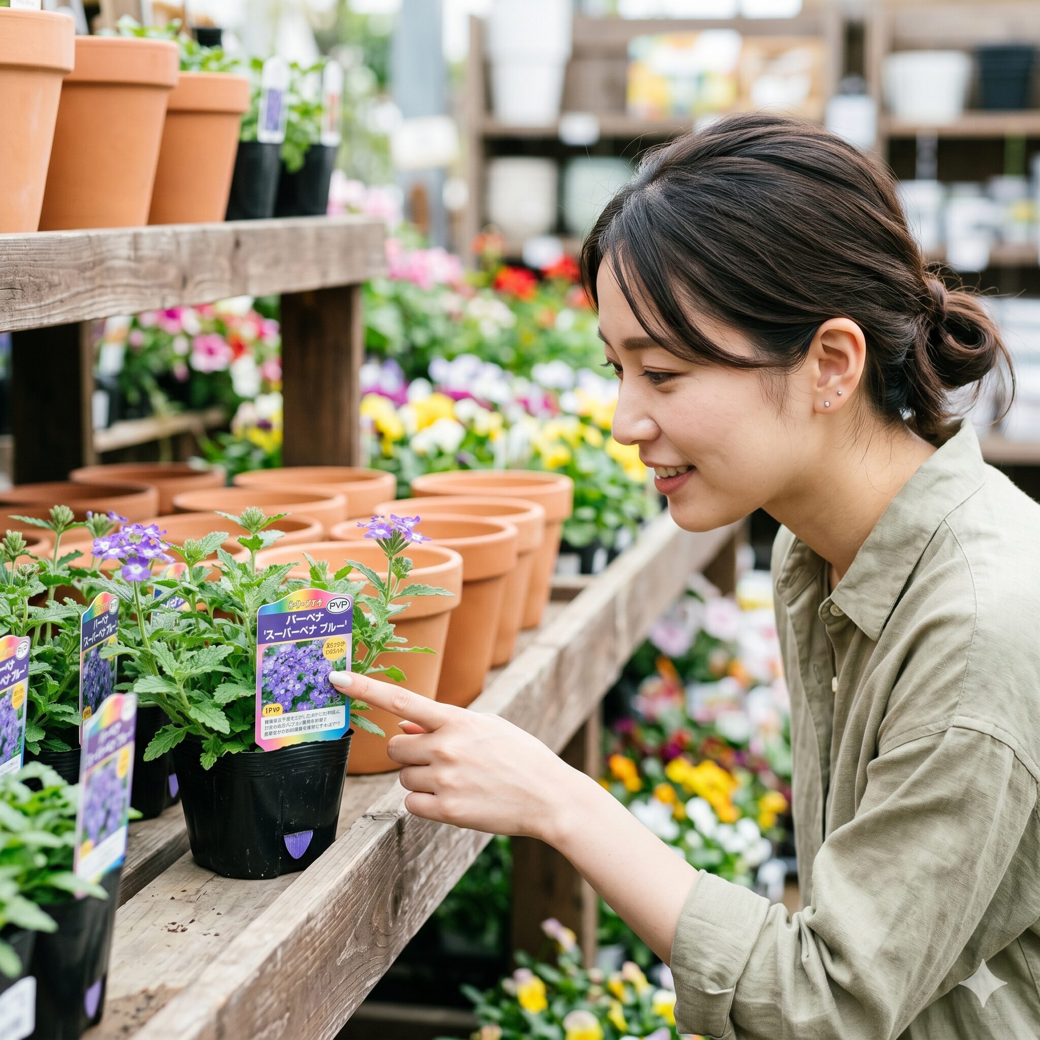 バーベナ 一年草 宿根草 見分け方5　バーベナのブランド苗に付いている品種登録ラベル（PVPマーク）を確認する様子