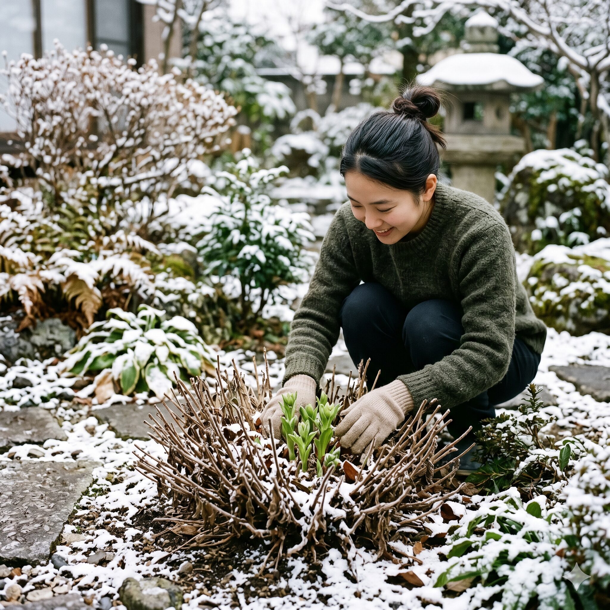 バーベナ 一年草 宿根草 見分け方6　雪の下で冬越しをする耐寒性の高い宿根バーベナの休眠状態