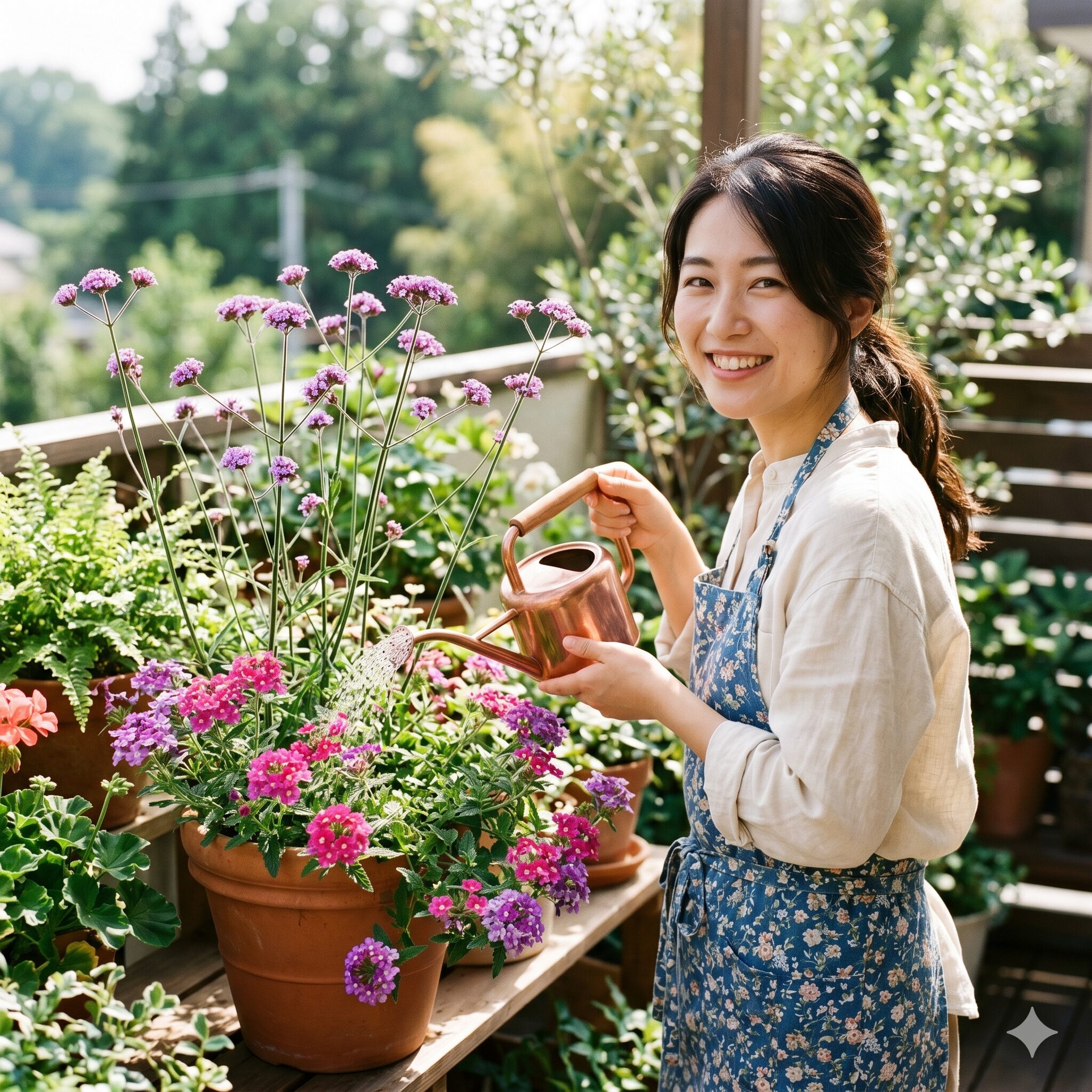 バーベナ 寄せ植え 相性1　バーベナの寄せ植えを楽しむ若い日本人女性と日当たりの良いベランダの風景