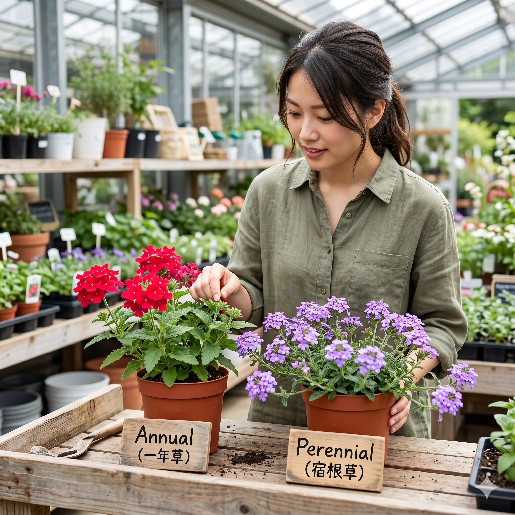 バーベナ 寄せ植え 相性2　一年草バーベナと宿根バーベナの苗の比較