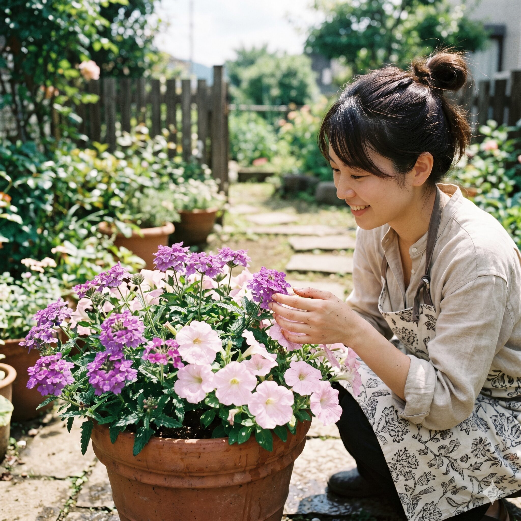 バーベナ 寄せ植え 相性3　バーベナとペチュニアの寄せ植え、日当たりを好む植物同士の相性