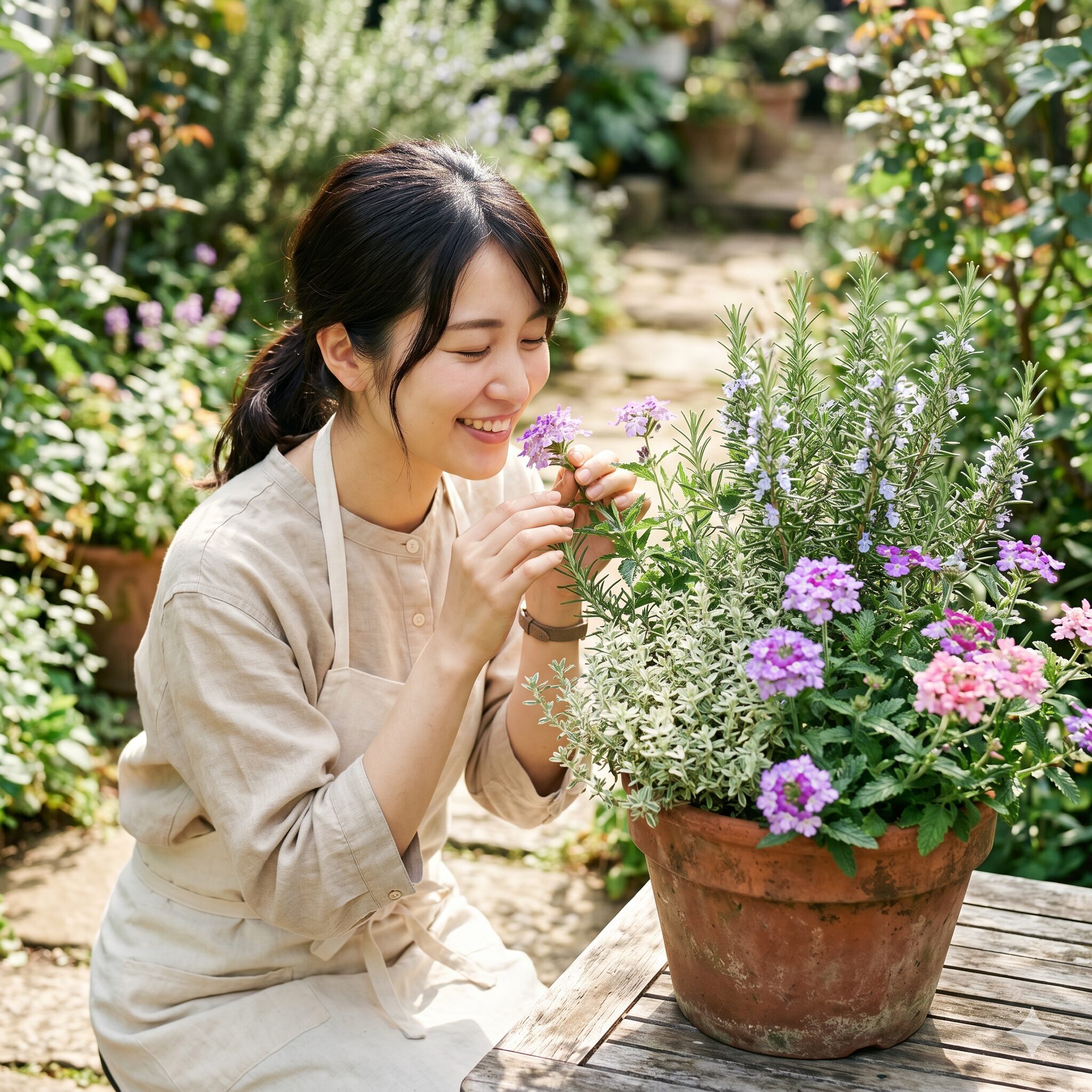 バーベナ 寄せ植え 相性4　バーベナとローズマリーやタイムを組み合わせたハーブの寄せ植え
