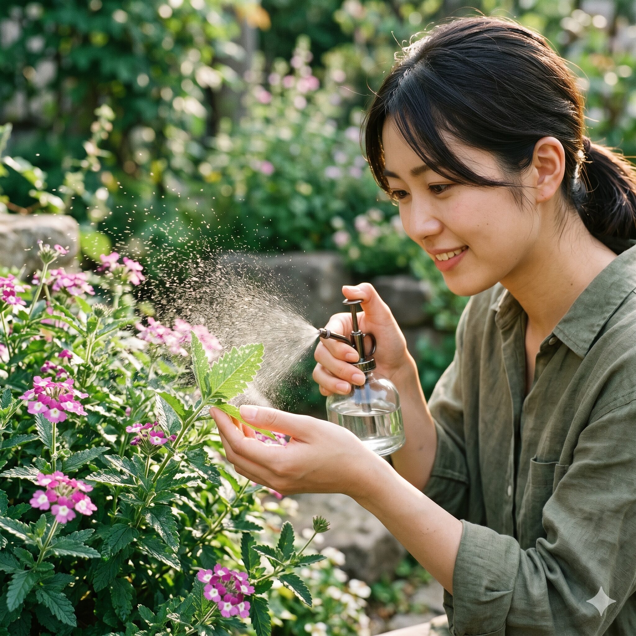 バーベナ 寄せ植え 相性9　ハダニ対策としてバーベナの葉の裏側に葉水を与える様子