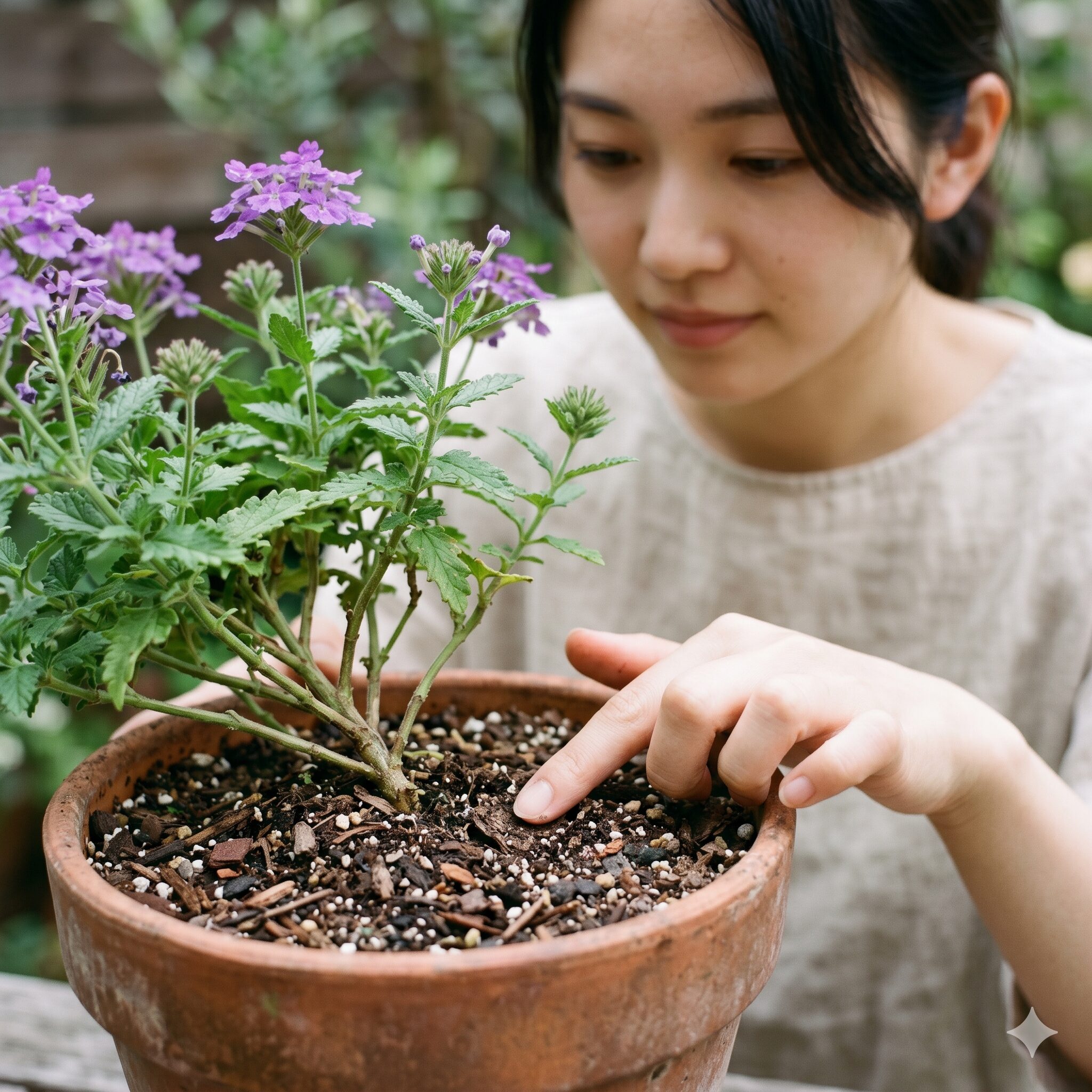バーベナ 枯れる2　バーベナの土の乾き具合を指で確認する日本人女性。根腐れを防ぐ水やりのタイミングの例。