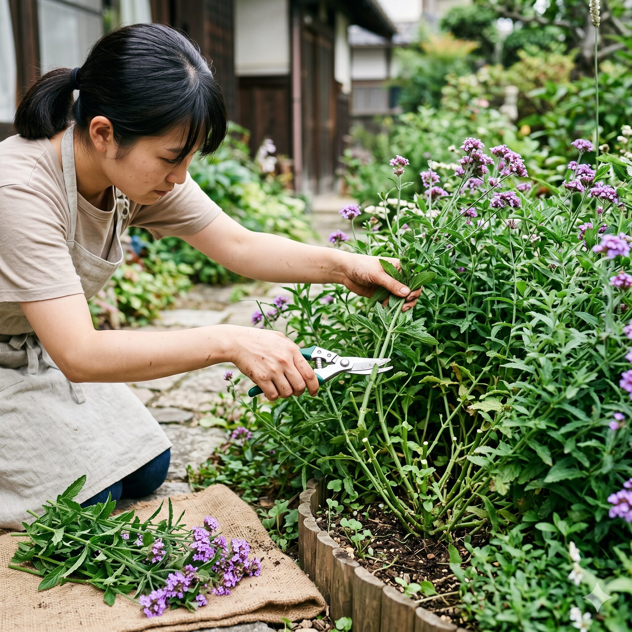バーベナ 枯れる4　バーベナの切り戻し作業を行う日本人女性。梅雨の蒸れ対策と剪定の方法。
