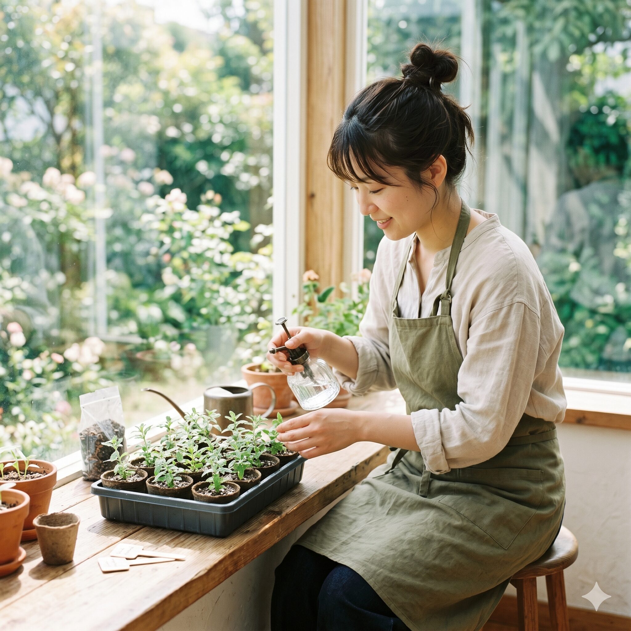 バーベナ 枯れる9　バーベナの挿し木を作る日本人女性。枯れる前にバックアップを作る再生術。