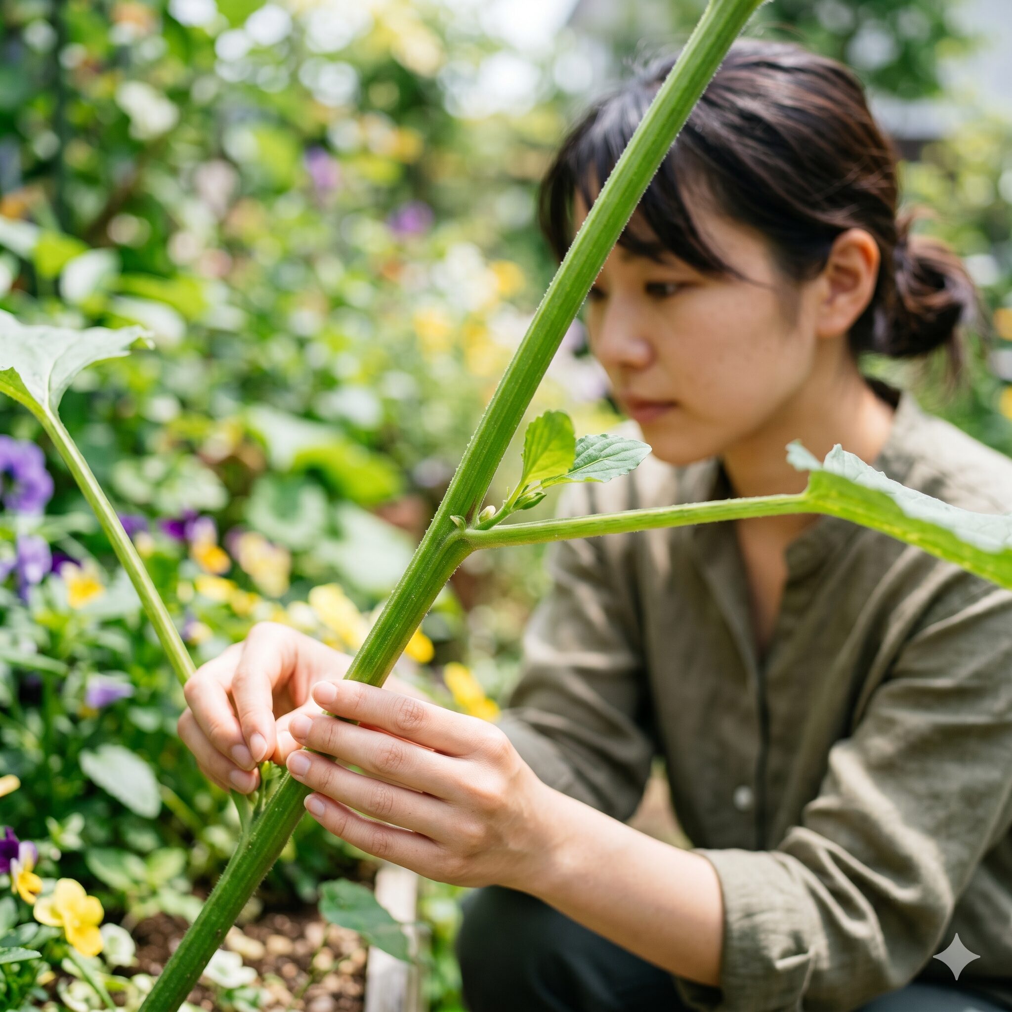 フィオリーナ 切り戻し6　小さな脇芽と葉がついているフィオリーナの茎の「節（ふし）」の拡大写真