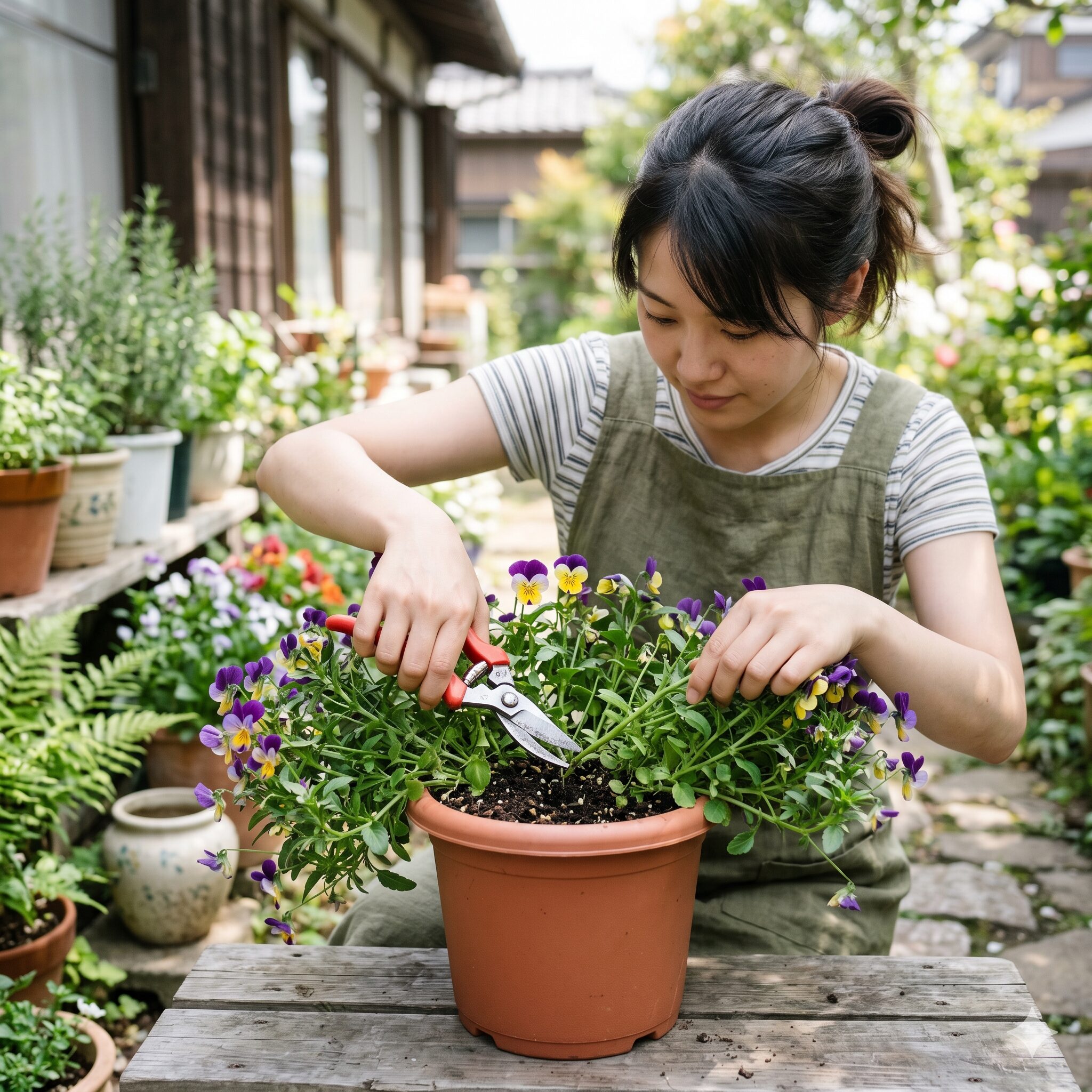 フィオリーナ 切り戻し7　明るい庭で、プラスチック鉢の縁に沿って園芸用ハサミでフィオリーナの茎を切り戻す若い日本人女性