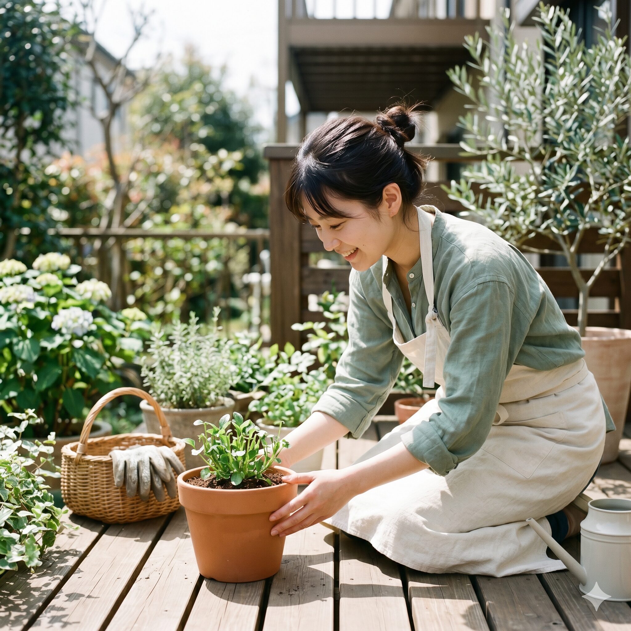 フィオリーナ 切り戻し9　切り戻し後に新芽の成長を待つフィオリーナの鉢植えを、日当たりの良いウッドデッキに置く若い日本人女性