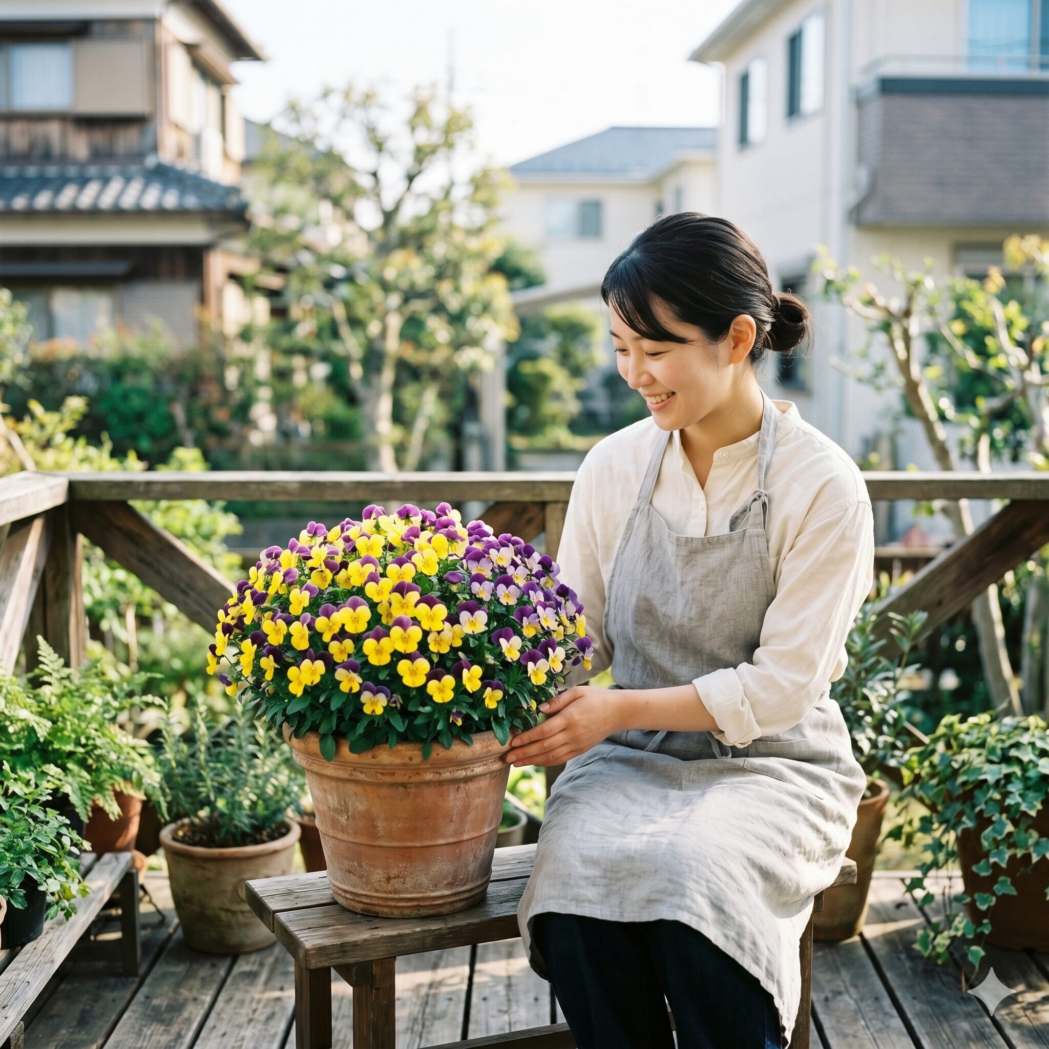 フィオリーナ 土1　鉢植えで満開に咲き誇るサントリーフラワーズのビオラ「フィオリーナ」と笑顔の若い日本人女性
