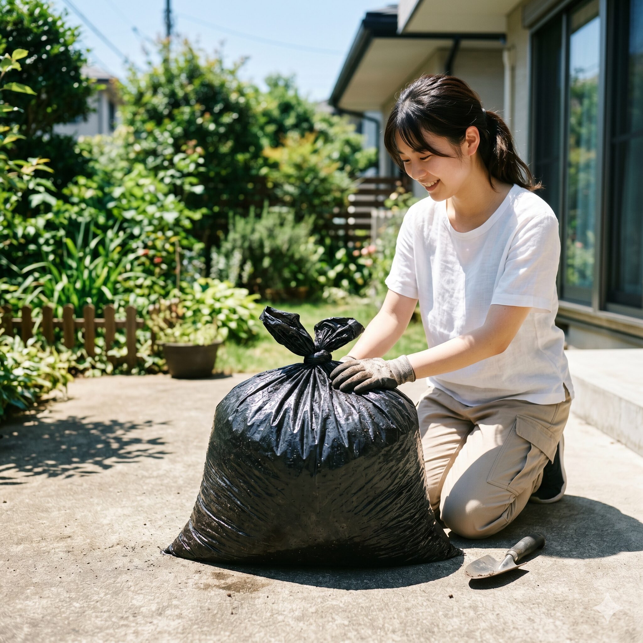 フィオリーナ 土10　古い土を再利用するために黒いビニール袋に入れて太陽熱消毒を行う様子