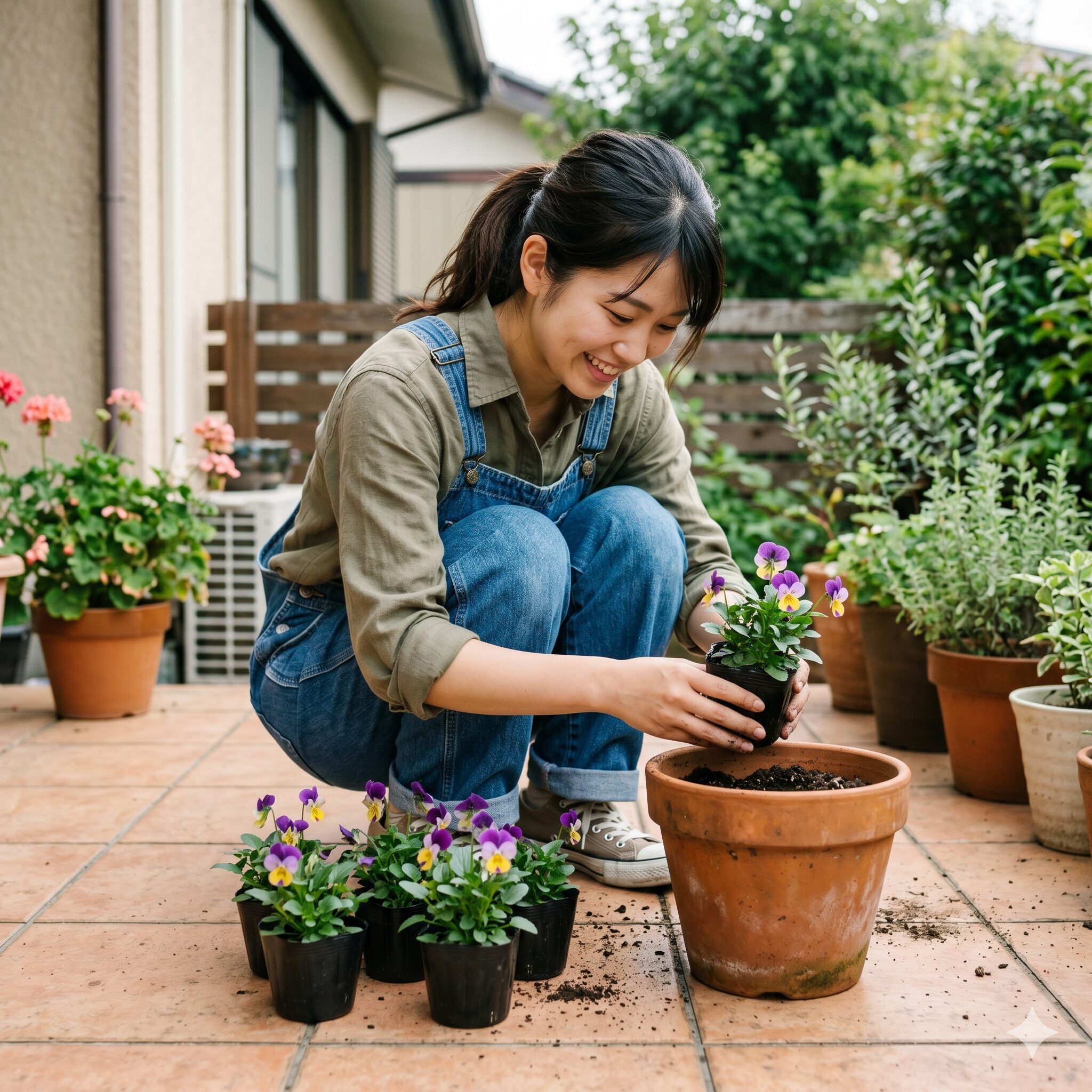 フィオリーナ 土6　フィオリーナ栽培に適した8号鉢と植え付けを待つビオラの苗
