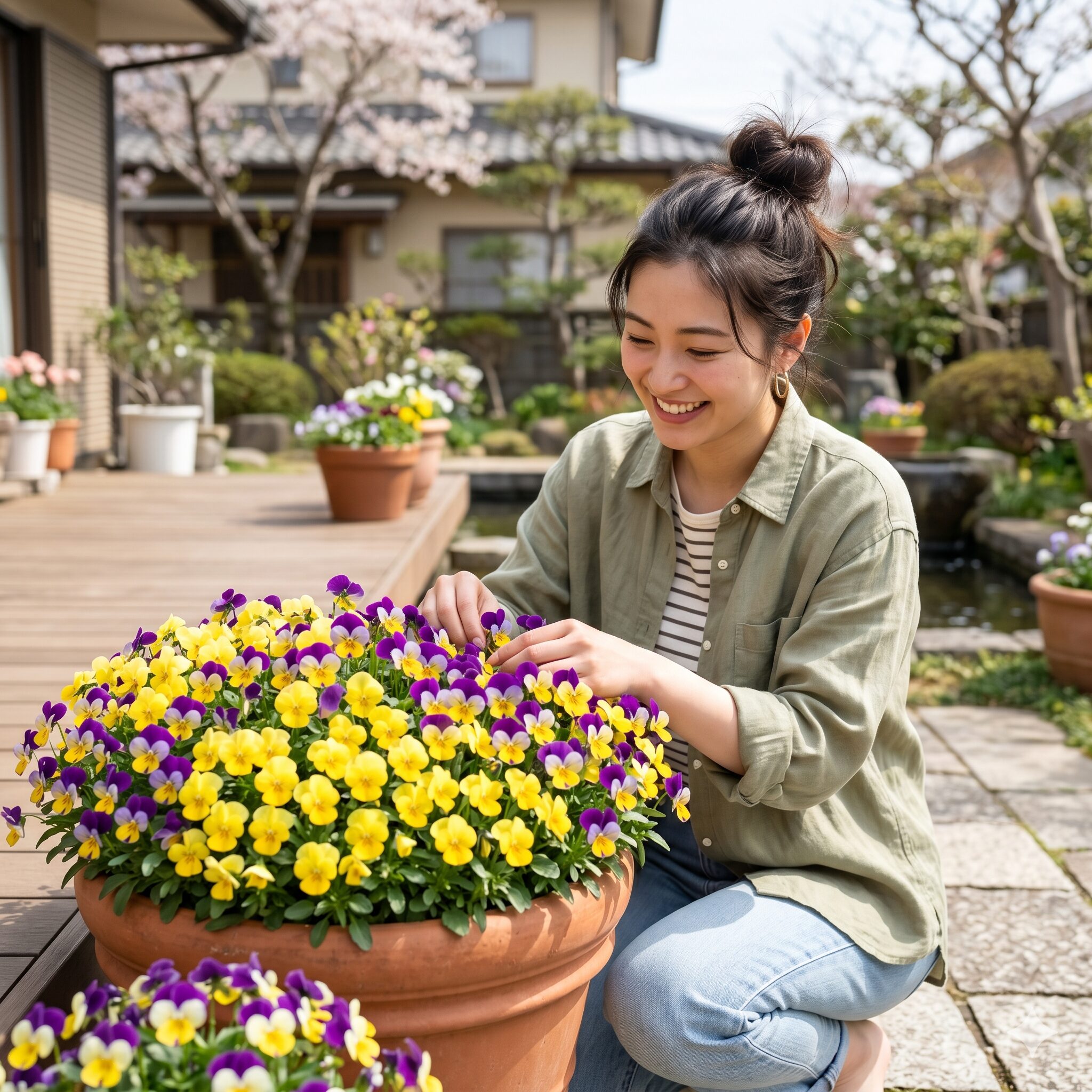 フィオリーナ 摘心1　満開に咲き誇るフィオリーナのプランターと笑顔の日本人女性