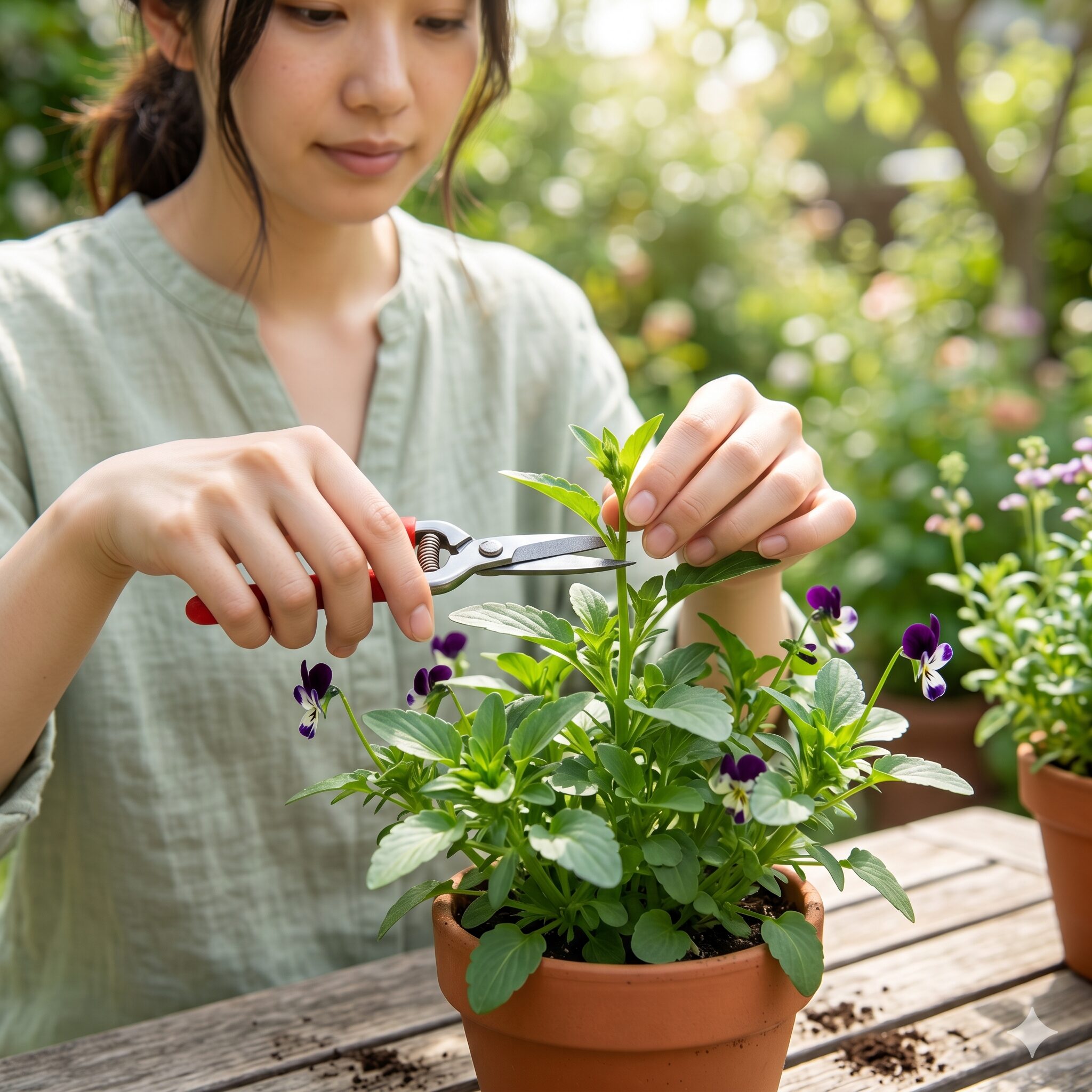 フィオリーナ 摘心2　フィオリーナの苗をハサミで摘心（ピンチ）する正しい手順