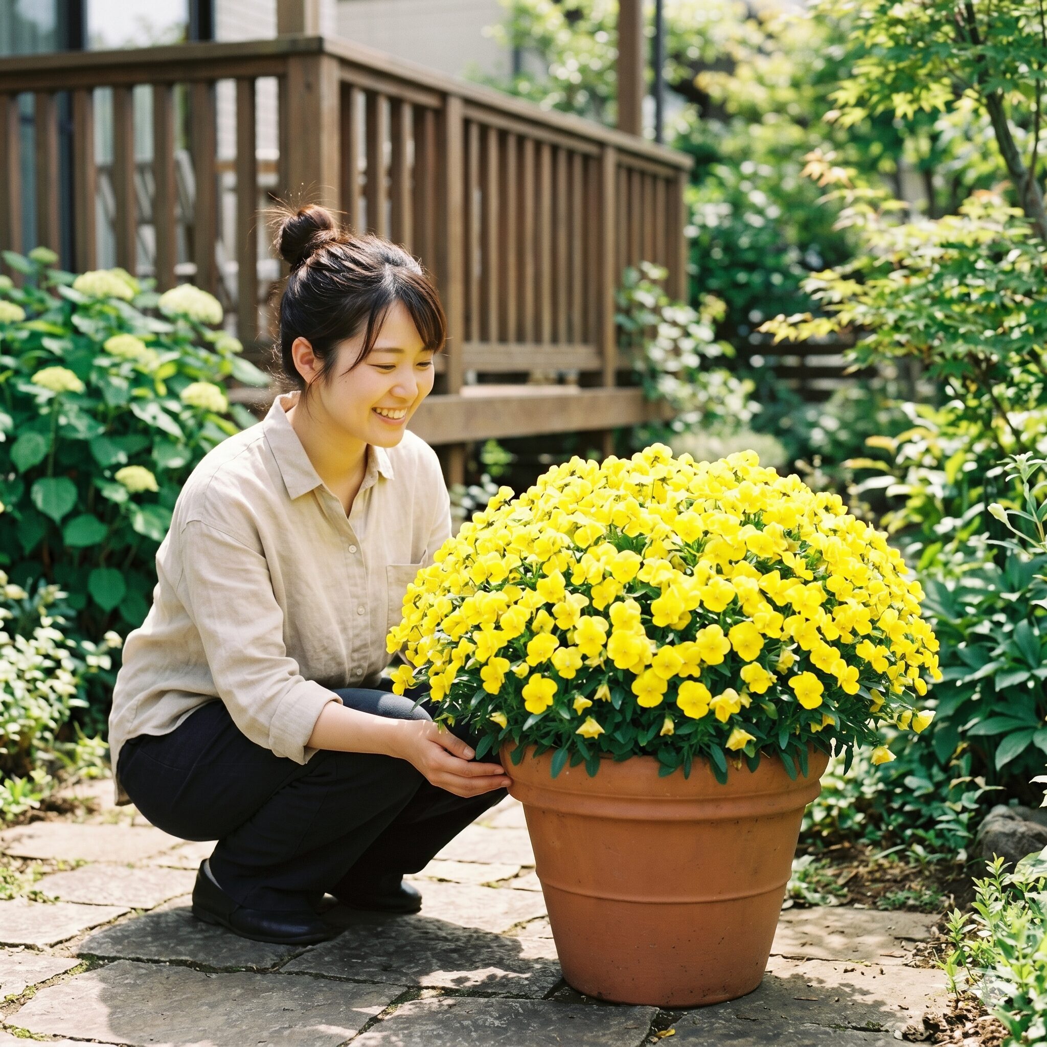 フィオリーナ 育て方1　鉢植えで美しいドーム状に満開に咲き誇るサントリーのビオラ「フィオリーナ」のアイキャッチ画像