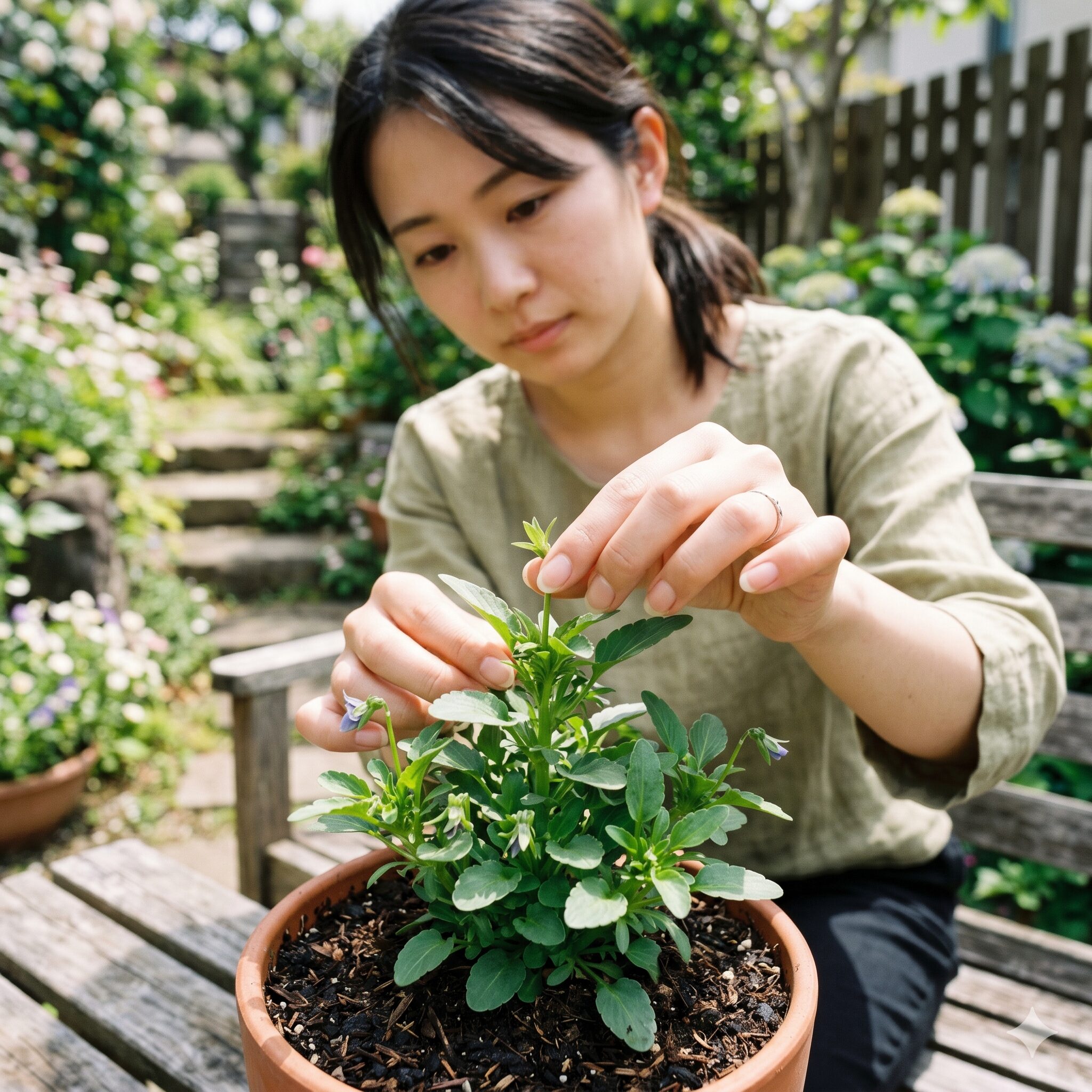 フィオリーナ 育て方6　側芽の発達を促して密度を高めるためにフィオリーナの新芽を摘芯（ピンチ）する手元