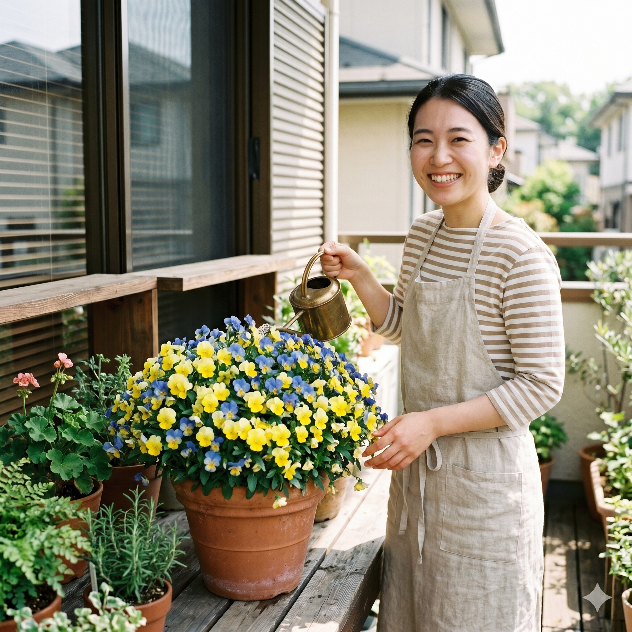 フィオリーナ 鉢植え1　ベランダで溢れるように満開に咲き誇るフィオリーナの鉢植えとお手入れをする若い日本人女性