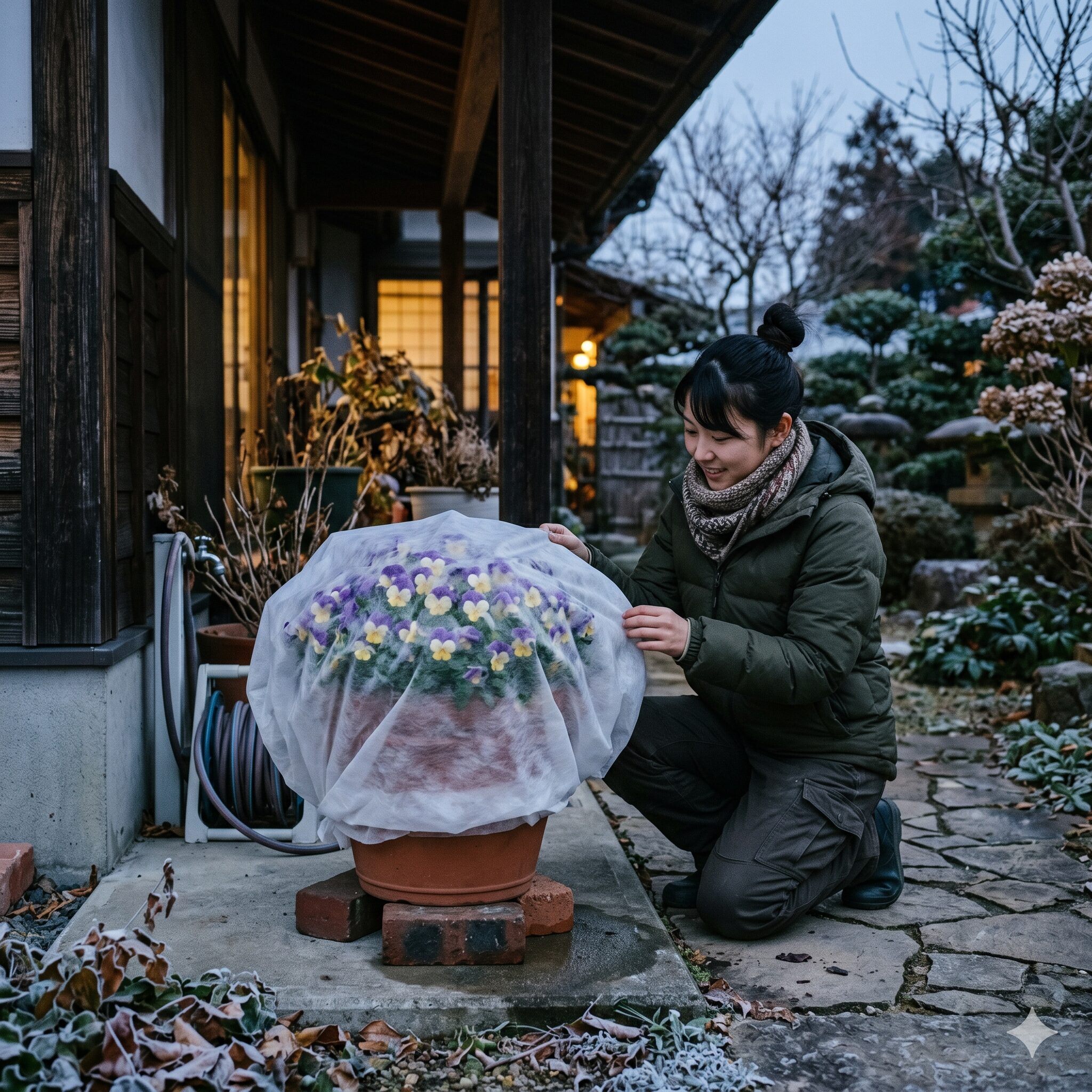 フィオリーナ 鉢植え10　不織布による防寒ドームとレンガでの底上げを施したフィオリーナ鉢植えの冬越し対策環境