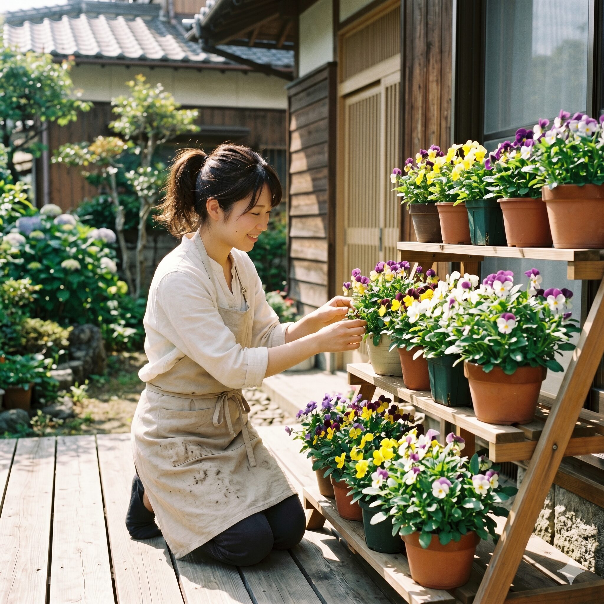フィオリーナ 鉢植え4　日当たりの良いウッドデッキのフラワースタンドに置かれたがっしりと丈夫なフィオリーナの株