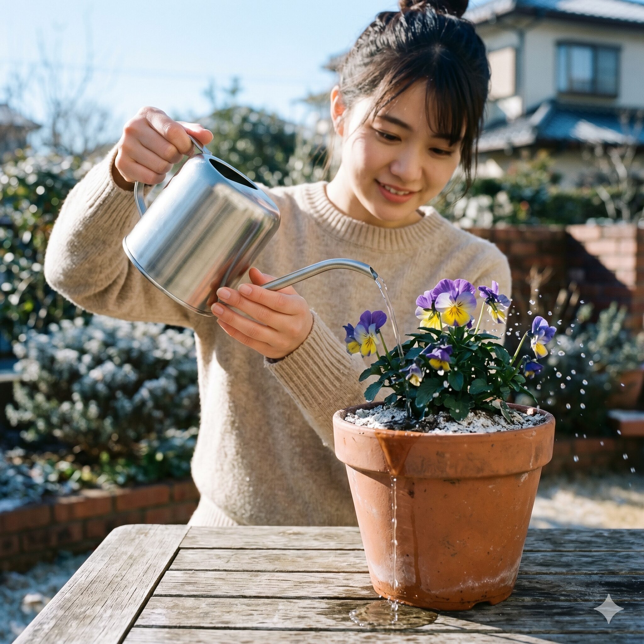 フィオリーナ 鉢植え5　土の表面が乾いたタイミングで鉢底から流れ出るまでたっぷりフィオリーナに水やりをする様子